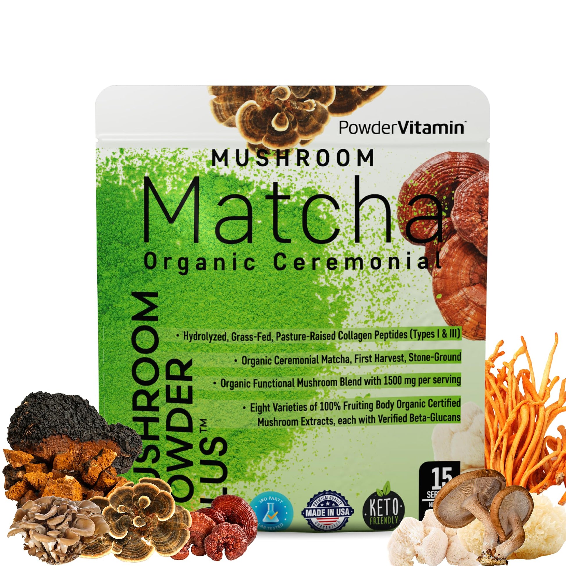 PowderVitamin Organic Ceremonial Mushroom Matcha with Grass-Fed Collagen Types I & III, 8 Fruiting Body Mushrooms, Certified Pesticide-Free, Beta-Glucans Tested, Focus Digestion & Immunity, 4.5 oz Powder