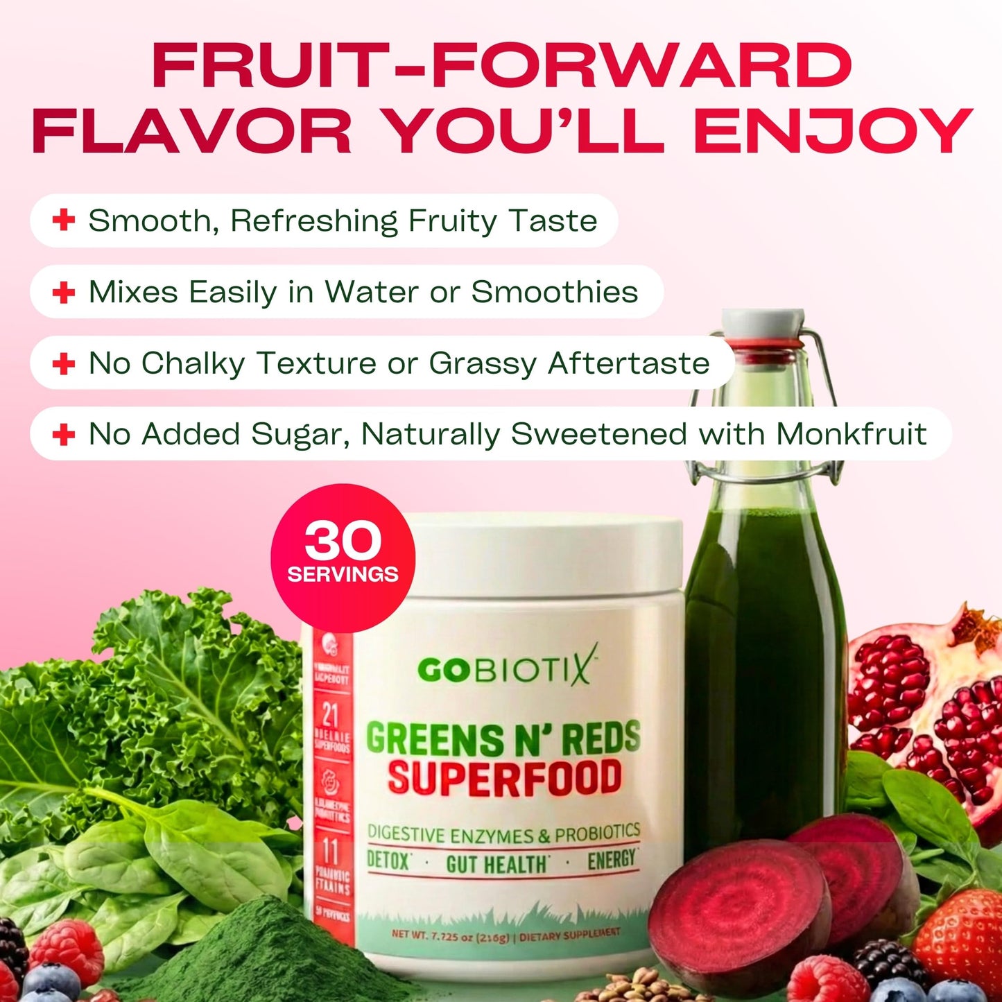 GOBIOTIX Super Greens Powder 2-Pack, Pomegranate Raspberry