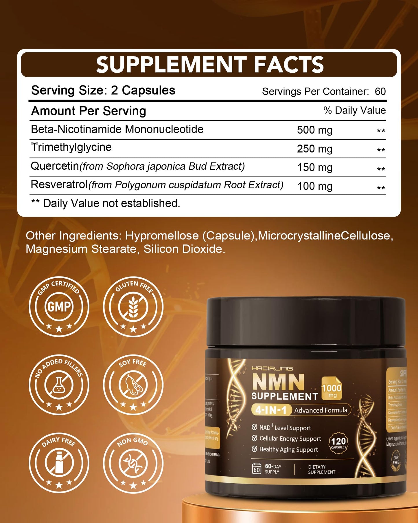 HACIRJNG NMN Supplement, 4-in-1 Liposomal NMN 1000mg with Resveratrol, TMG & Quercetin, 120 Capsules