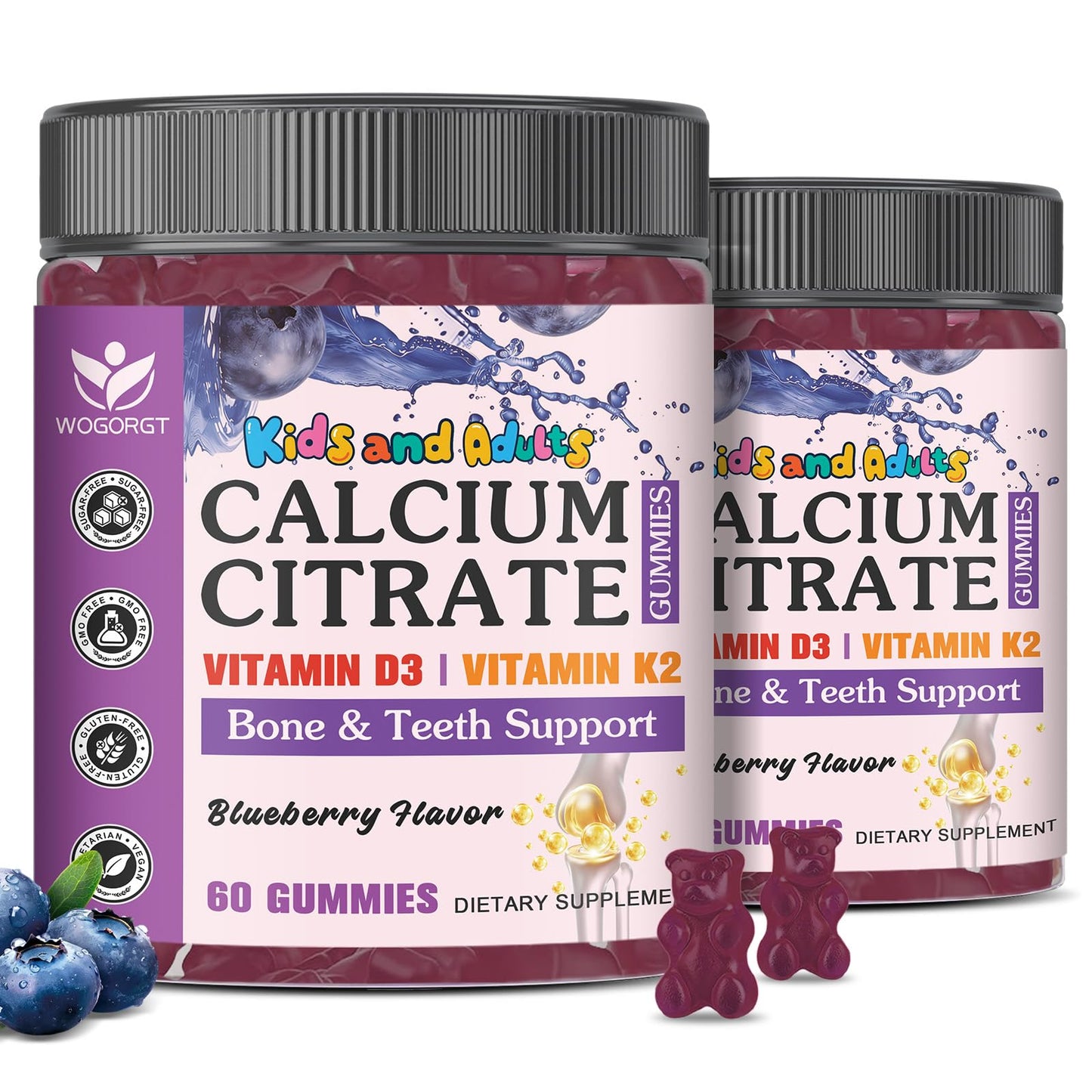 WOGORGT Calcium Citrate 600mg with Vitamin D3 & K2 Gummies for Kids & Teens, 120 Count