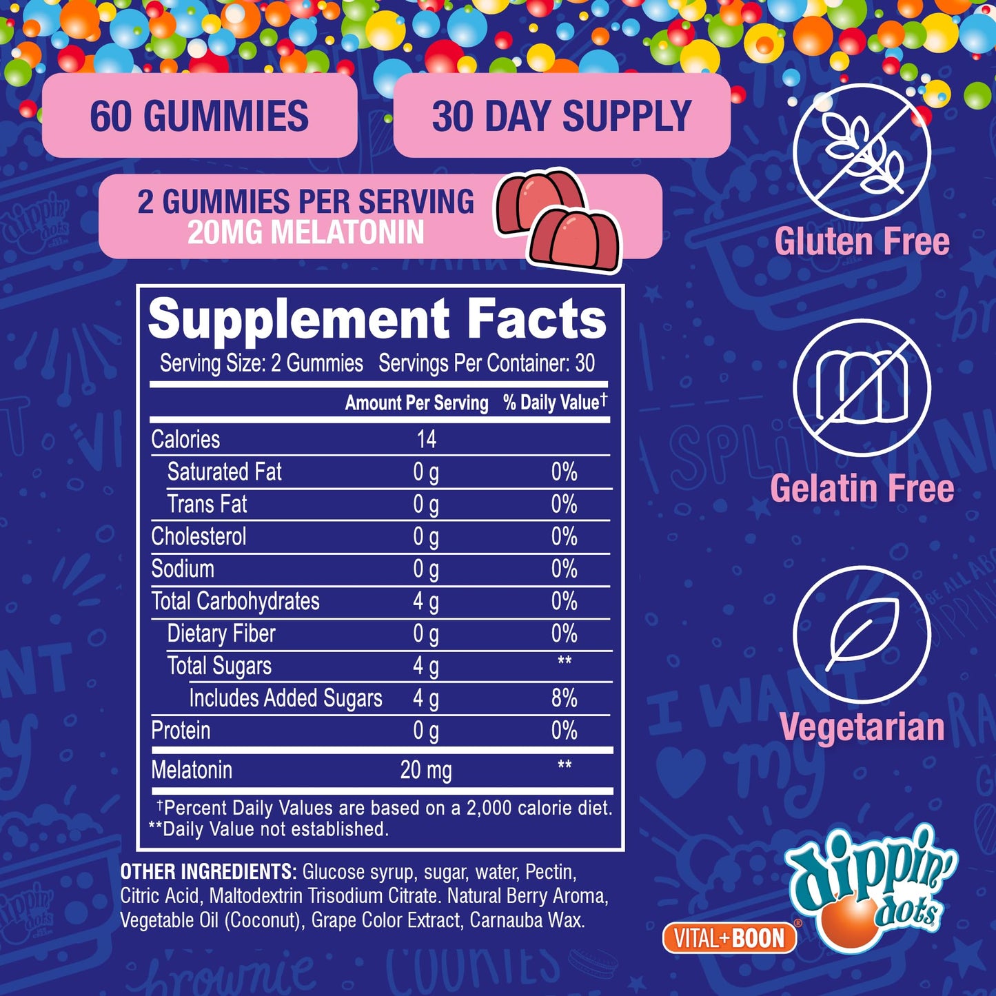 Vital+Boon Dippin' Dots Extra Strength Melatonin Gummies 20mg Sleep Aid, 60 Gummies