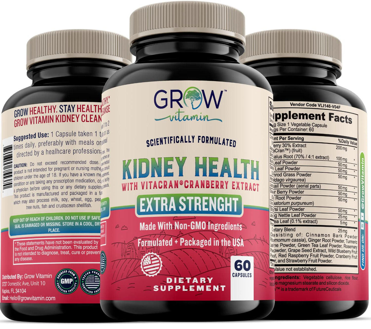 Grow Vitamin Premium Kidney Cleanse Supplement – Powerful Kidney Support Formula with Cranberry Extract Helps Support Healthy Kidneys & Urinary Tract Support, 60 Capsules