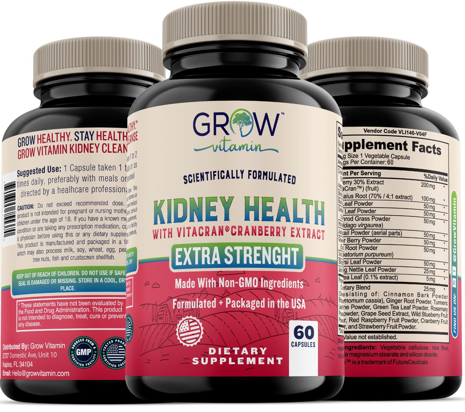 Grow Vitamin Premium Kidney Cleanse Supplement – Powerful Kidney Support Formula with Cranberry Extract Helps Support Healthy Kidneys & Urinary Tract Support, 60 Capsules