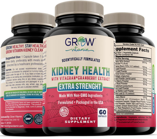 Grow Vitamin Premium Kidney Cleanse Supplement – Powerful Kidney Support Formula with Cranberry Extract Helps Support Healthy Kidneys & Urinary Tract Support, 60 Capsules