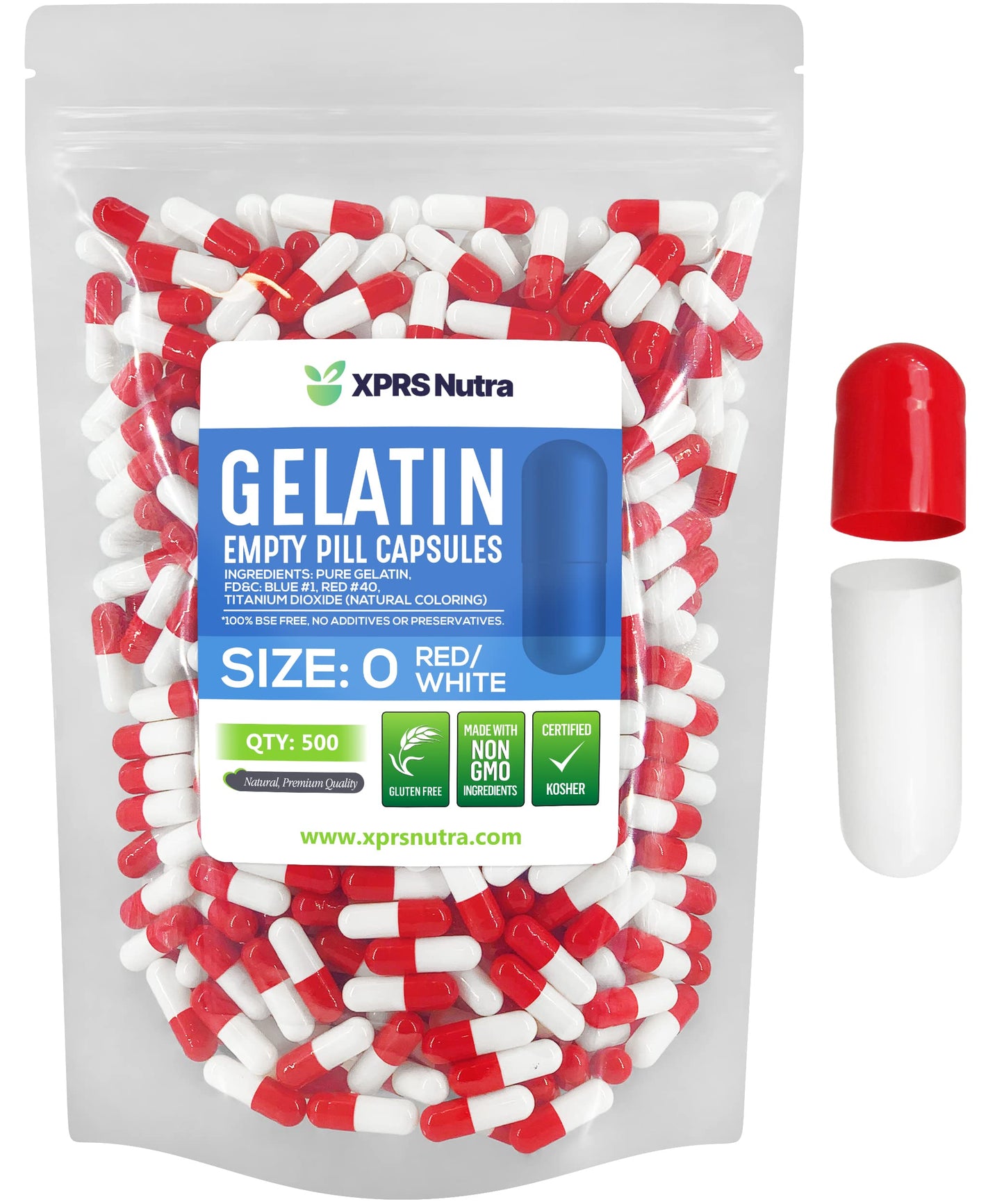 XPRS Nutra Size 0 Empty Gelatin Capsules, Capsule, 500 Count