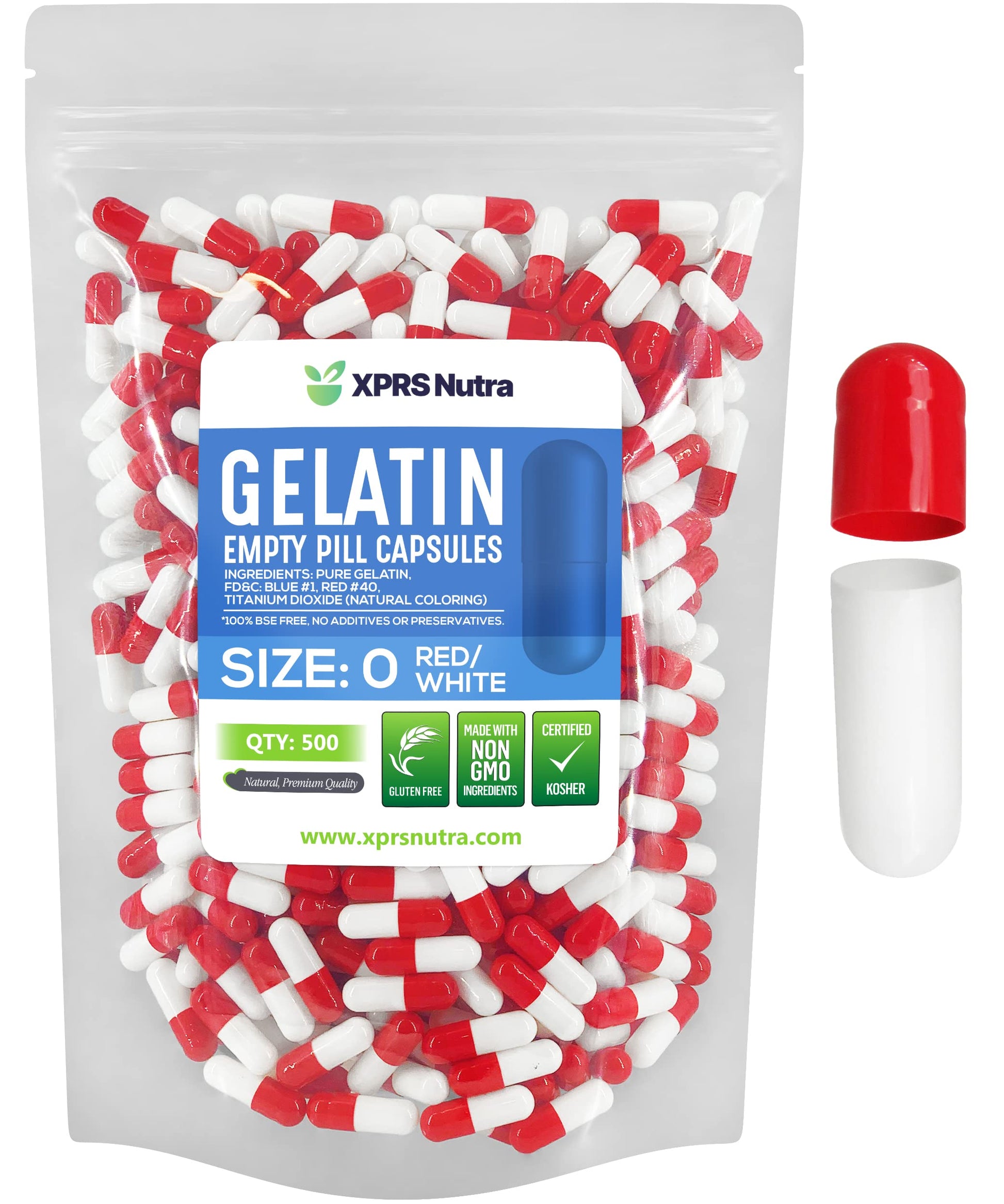 XPRS Nutra Size 0 Empty Gelatin Capsules, Capsule, 500 Count