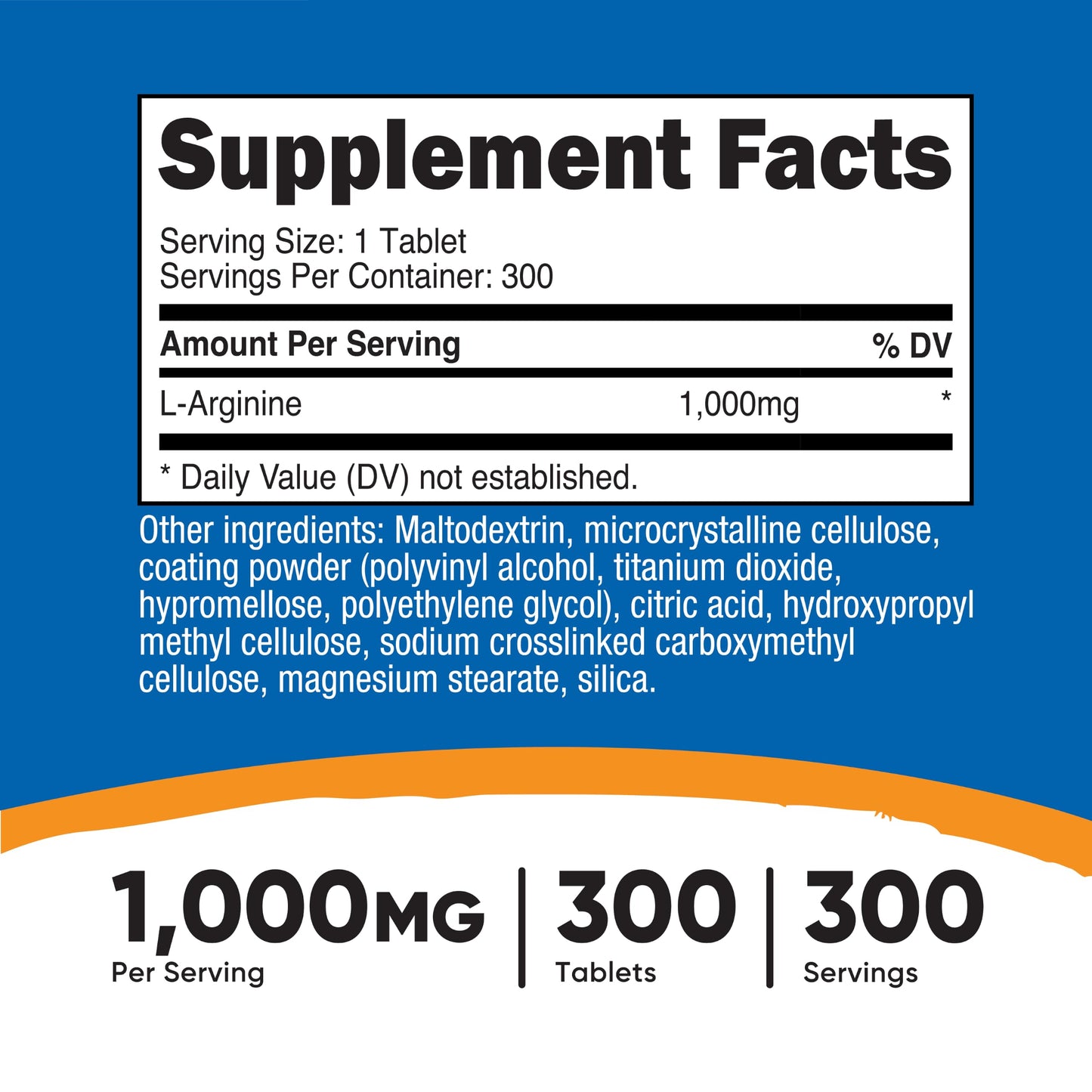 Nutricost L-Arginine 1000mg Tablet, 300 Tablets