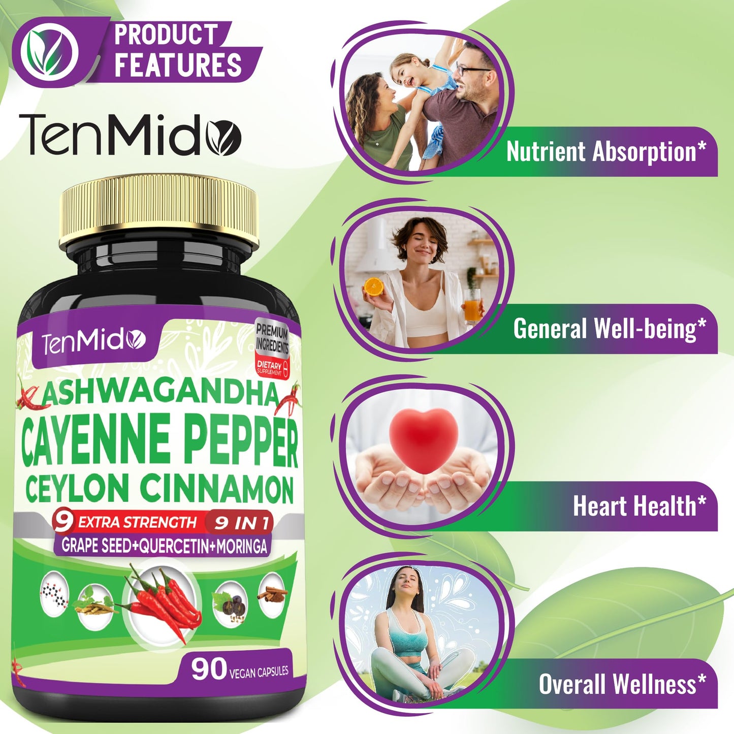 Tenmido Cayenne Pepper Supplements Capsules, 90 Count