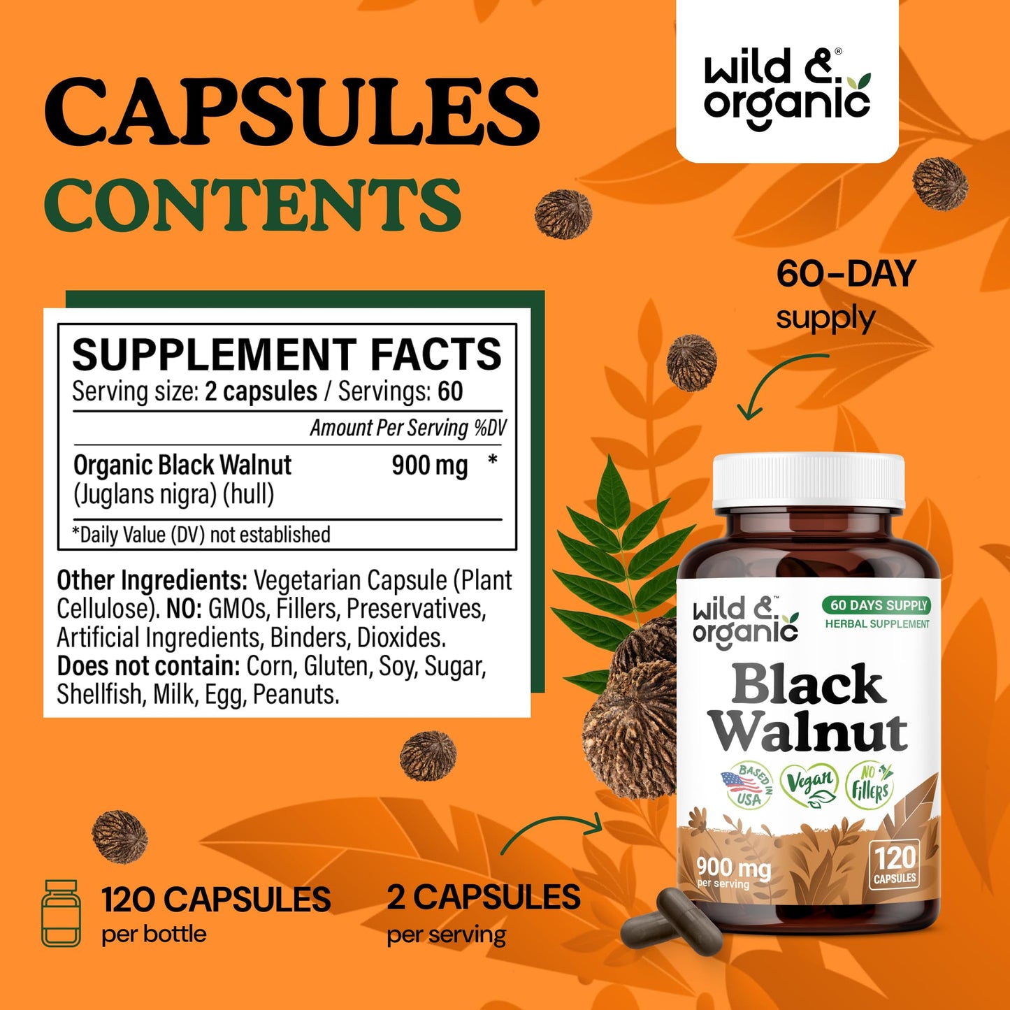 Wild & Organic Black Walnut Hull 900 mg Capsules 120 Count