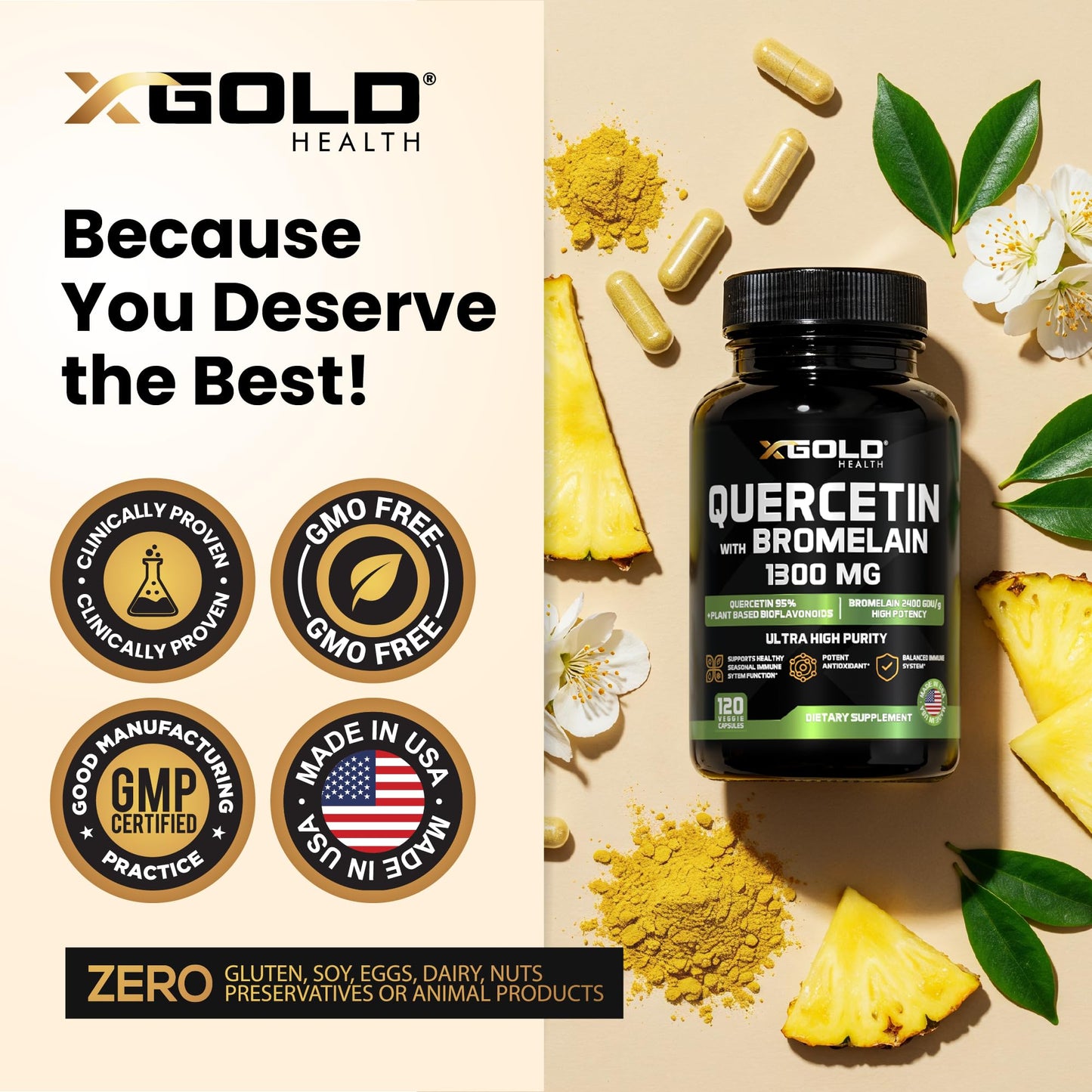 X Gold Health Quercetin + Bromelain 1,300mg, 95% Quercetin, Highly Purified & Highly Bioavailable Plus Bromelain 2,400 GDU/g Made in USA, 120 Capsules