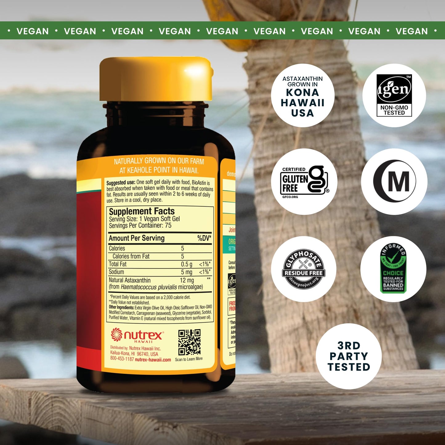 Nutrex Hawaii BioAstin Hawaiian Astaxanthin - Vegan - 12mg High Potency Softgel, 75 Count
