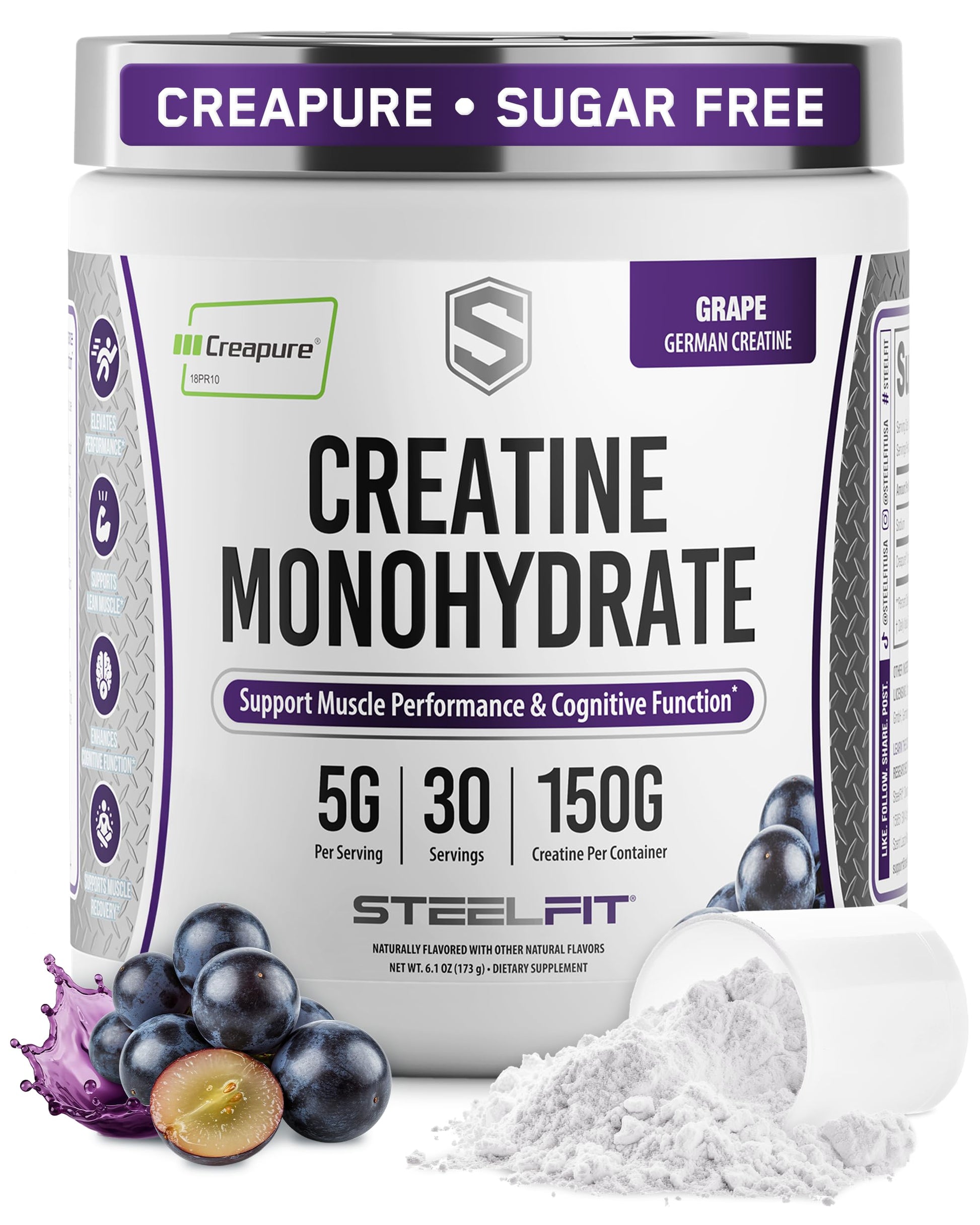 SteelFit Creapure Pure Creatine Monohydrate Powder, Grape, 6.1 Ounce
