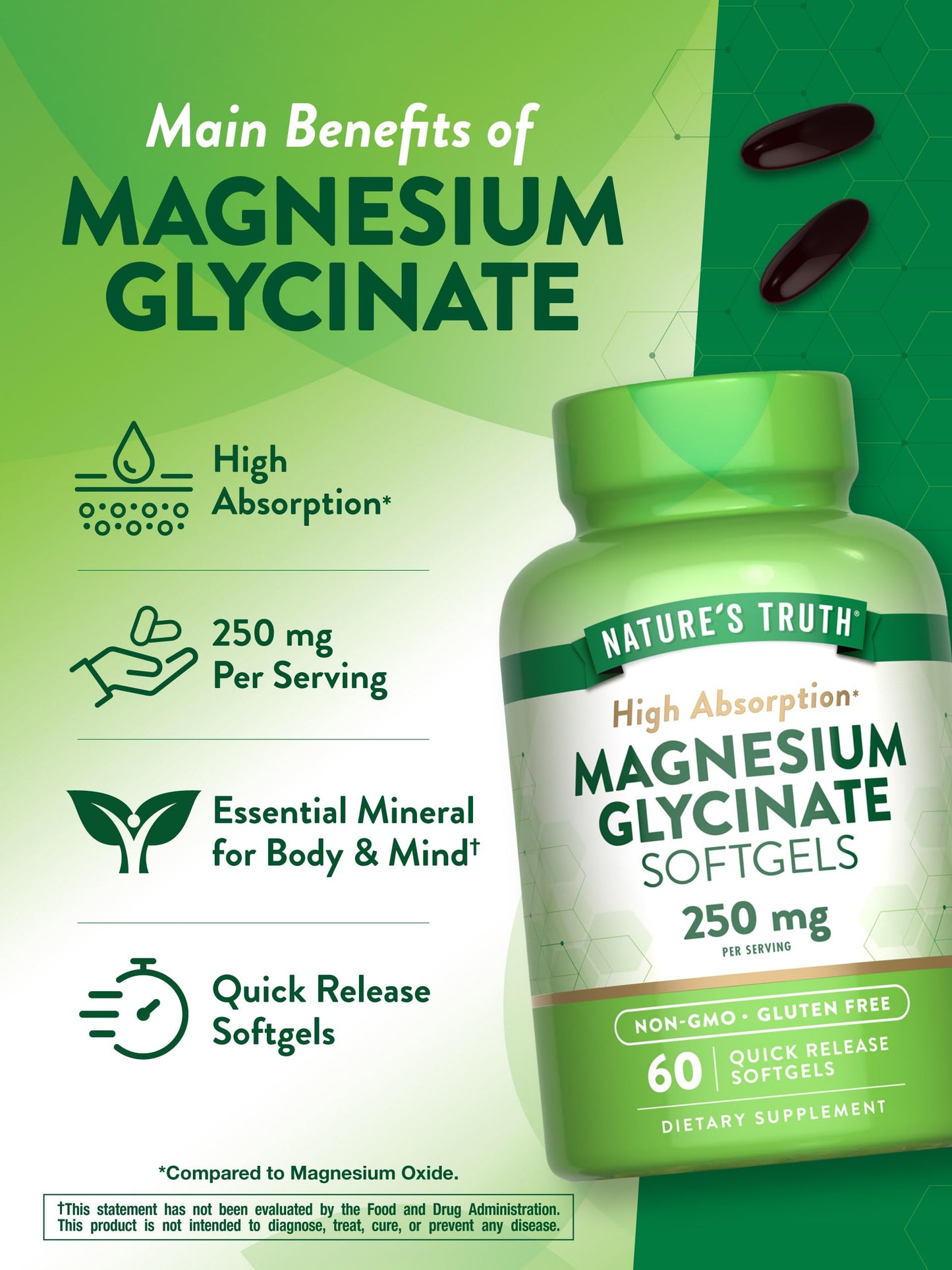 Nature's Truth Magnesium Glycinate 250mg Softgels, 60 Count