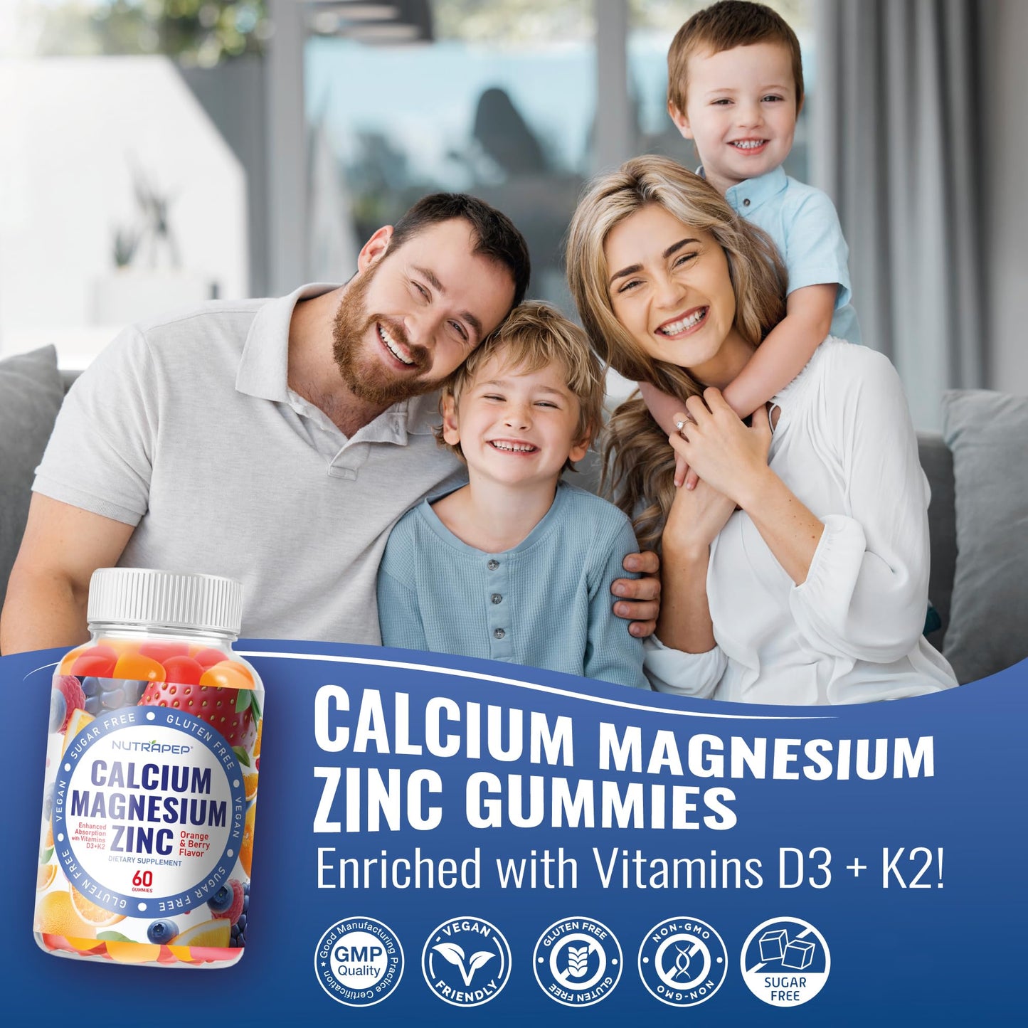 NutraPep Calcium Magnesium Zinc Supplement Gummy, 60 Count