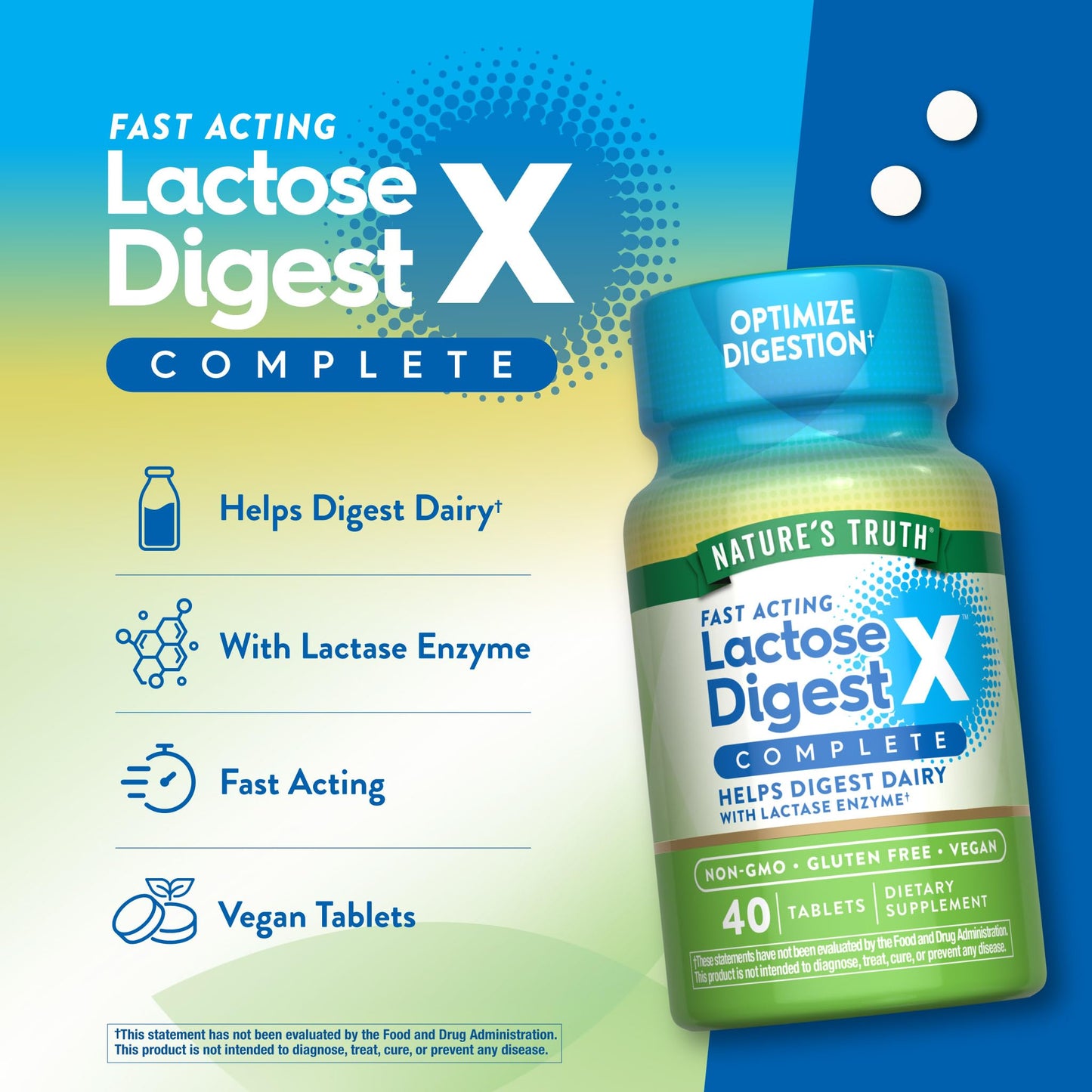Nature's Truth Lactose Digest Tablets with Lactase Enzyme, Vegan, Non-GMO & Gluten Free, 40 Count
