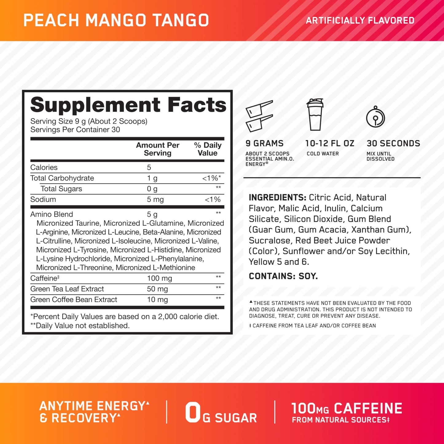 Optimum Nutrition Amino Energy Pre Workout with Green Tea, BCAA, Amino Acids, Keto Friendly, Green Coffee Extract Energy Powder - Peach Mango Tango 9.5 Ounce