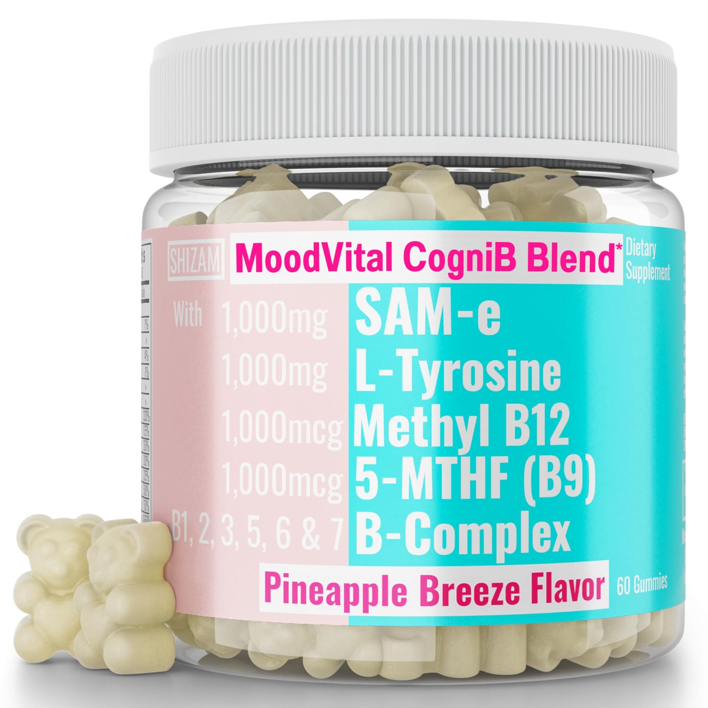 SHIZAM SAM-e & L-Tyrosine Vitamin B-Complex Gummies with Methyl B12 & 5-MTHF, 60 Gummies