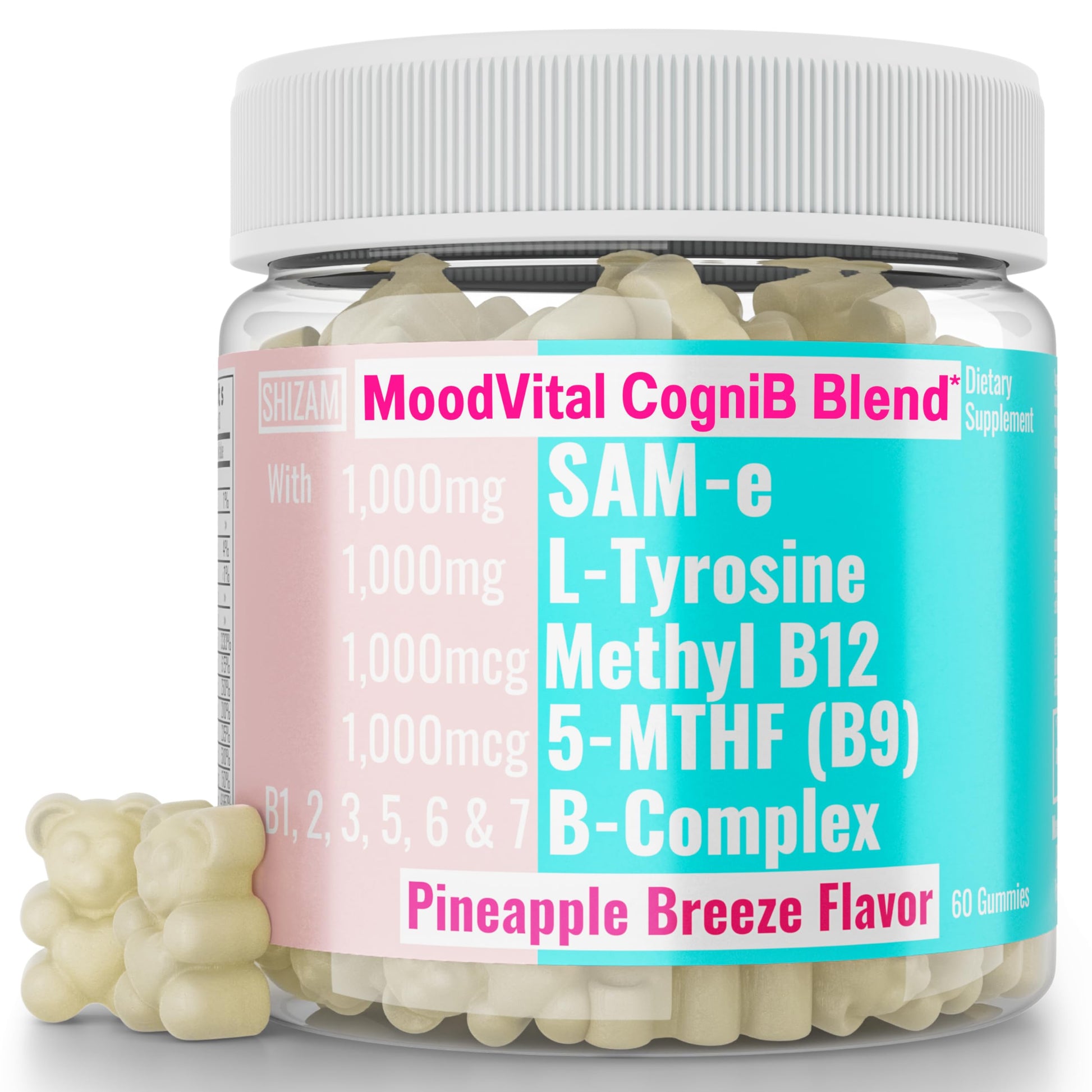 SHIZAM SAM-e & L-Tyrosine Vitamin B-Complex Gummies with Methyl B12 & 5-MTHF, 60 Gummies