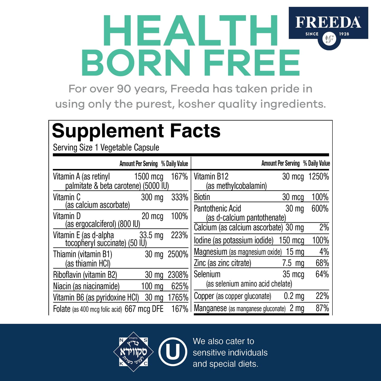 FREEDA One Daily Multivitamin Without Iron Capsules, 250 Count