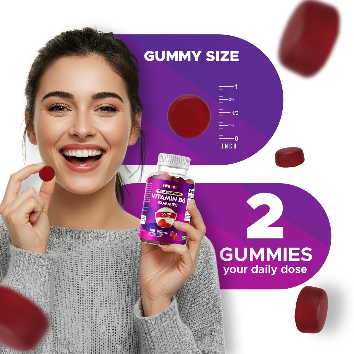 Vitabod Extra Strength Vitamin B6 Gummies 100mg, 180 Count