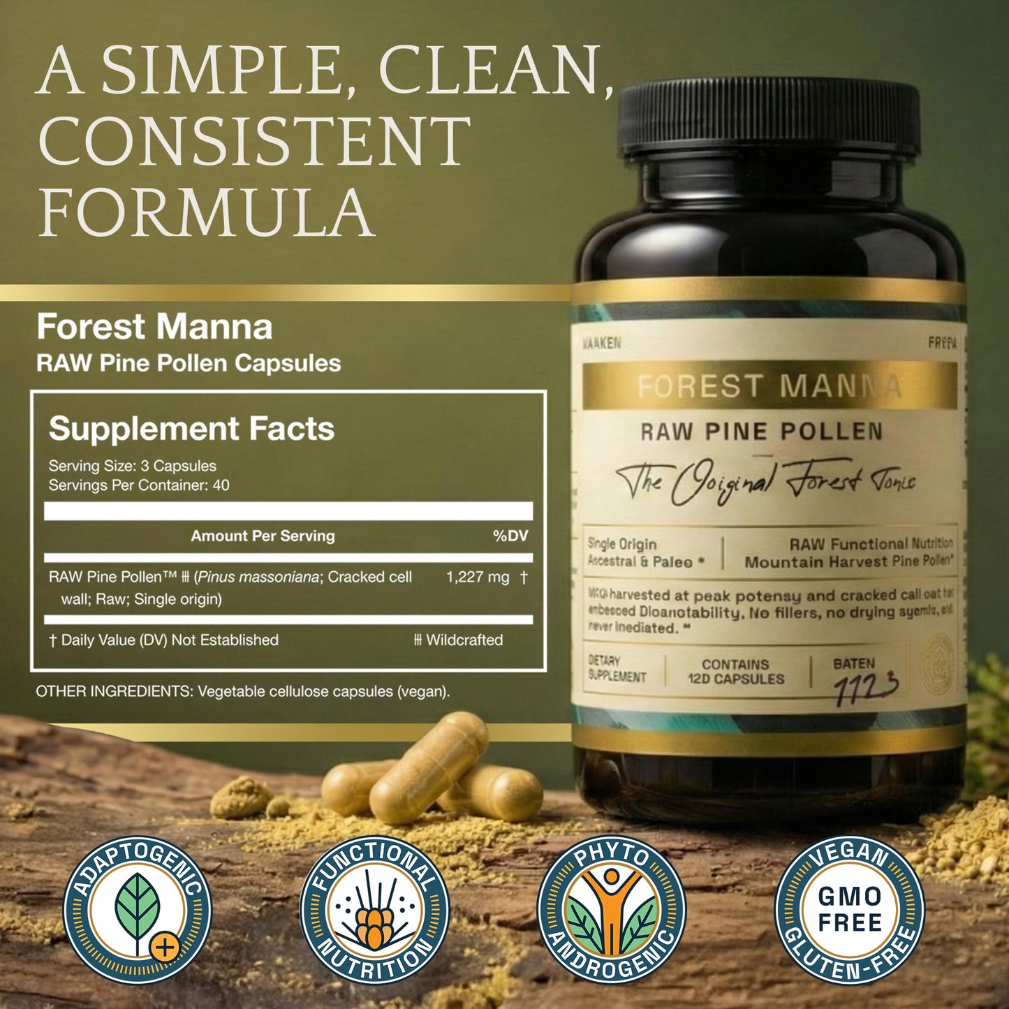 RAW Forest Foods Forest Manna RAW Pine Pollen Capsules 120 Count