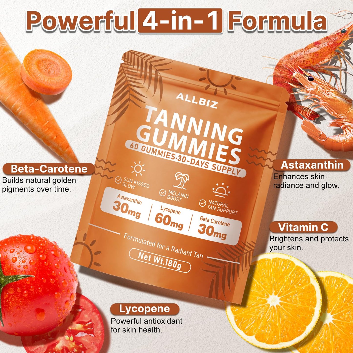 ALLBIZ Tanning Gummies with Astaxanthin & Beta Carotene, Glow Support Supplement for Natural Radiance, Vitamin C & E, Non-GMO Vegan, Sugar Free (Gummy), 60 Count