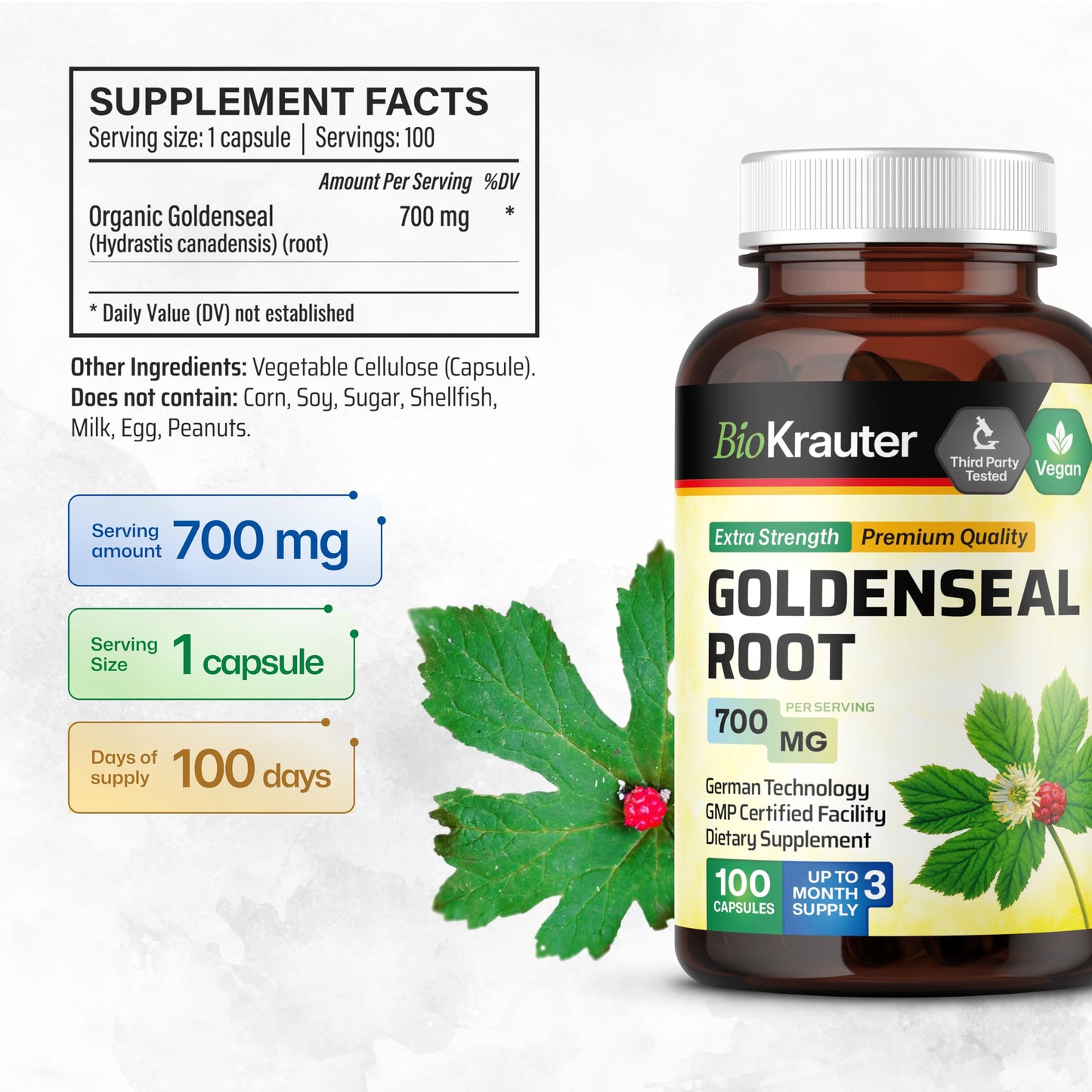 BIO KRAUTER Goldenseal Root Capsules 700 mg/serving, 100 Capsules