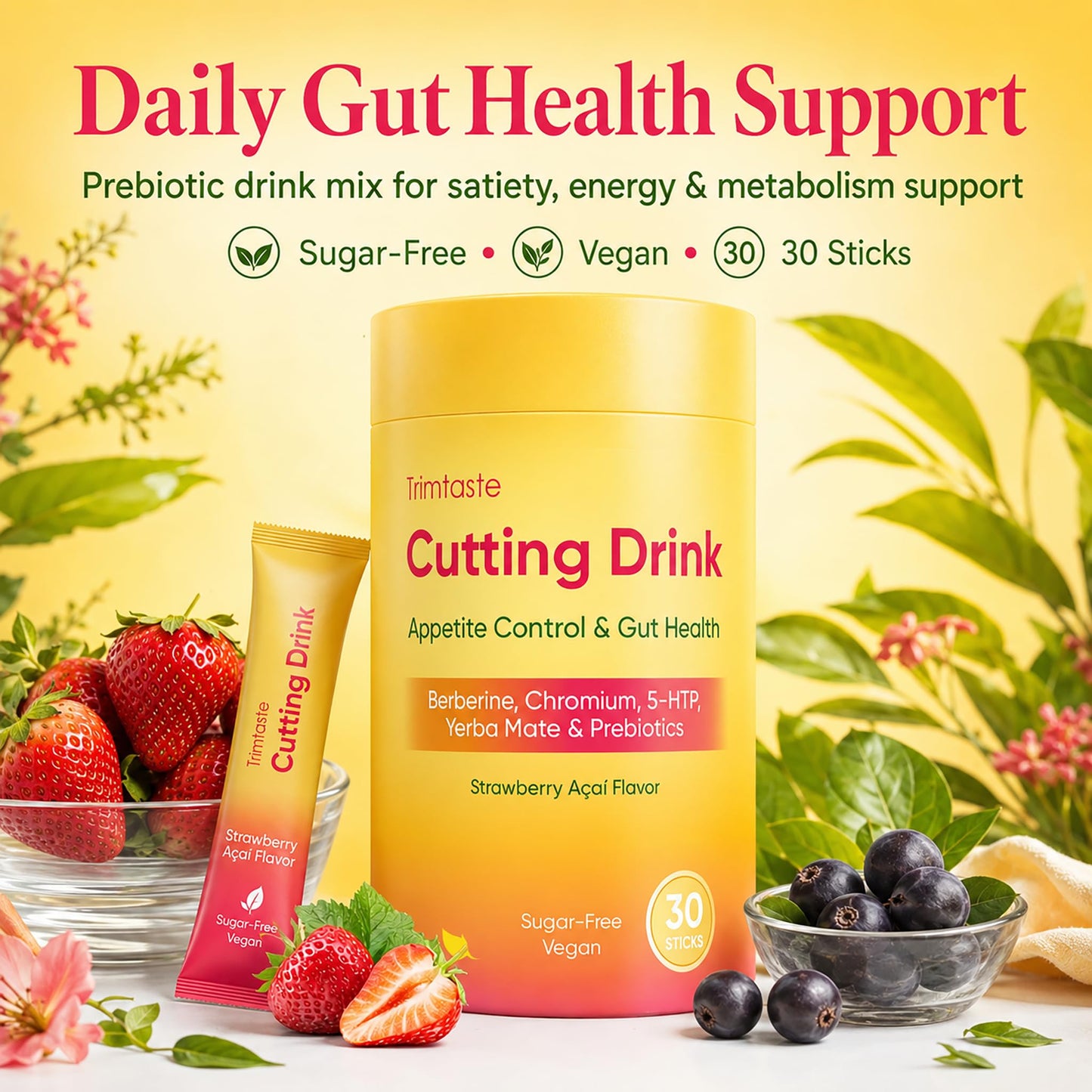 Peehss Kuranatural Cutting Mix for Gut Health Support Prebiotic Formula with Yerba Mate Supports Satiety, Energy & Metabolism Sugar Free, Vegan, Strawberry açaí Drink Powder, 1