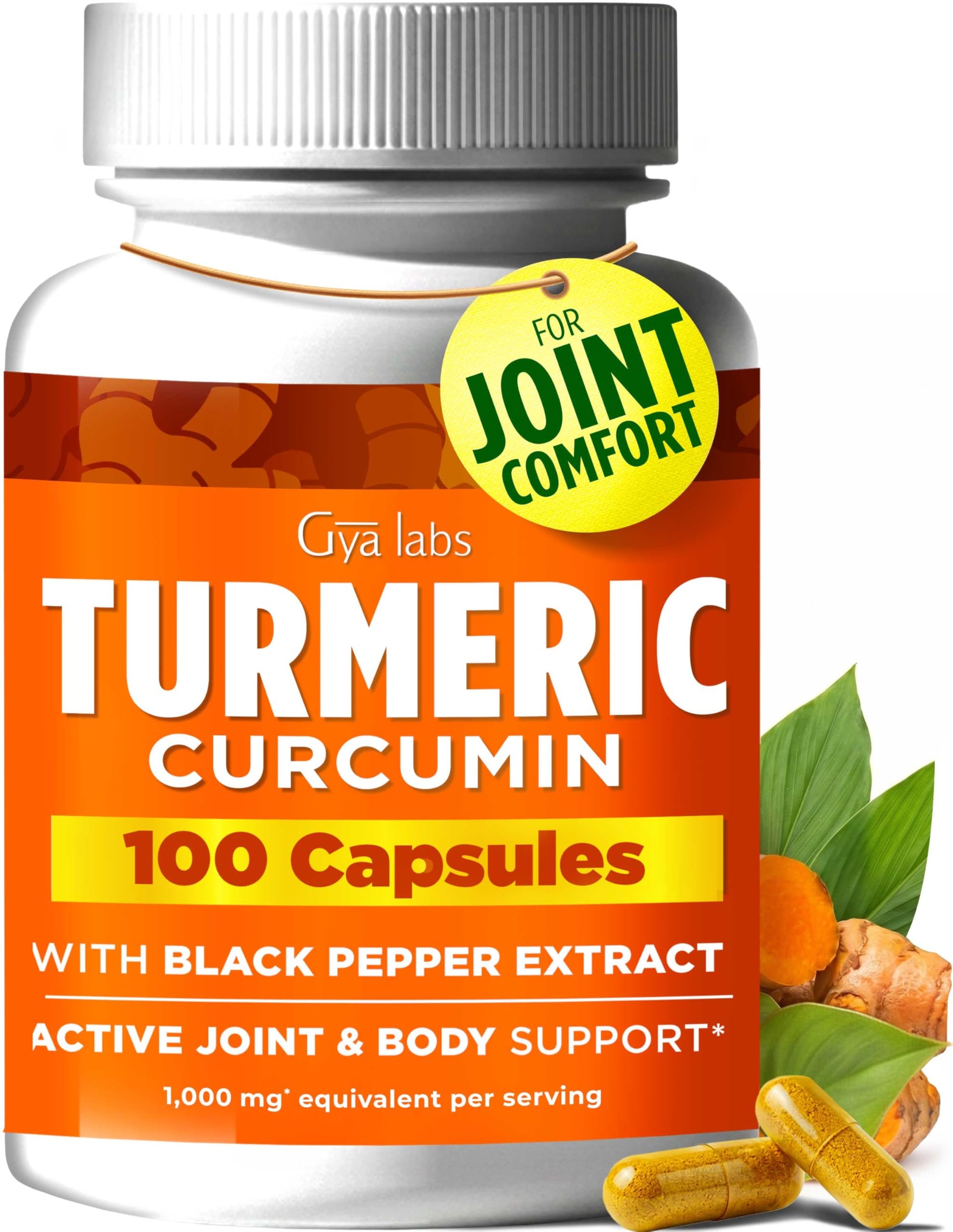 Gya Labs Turmeric Curcumin Capsules with Black Pepper, 100 Count