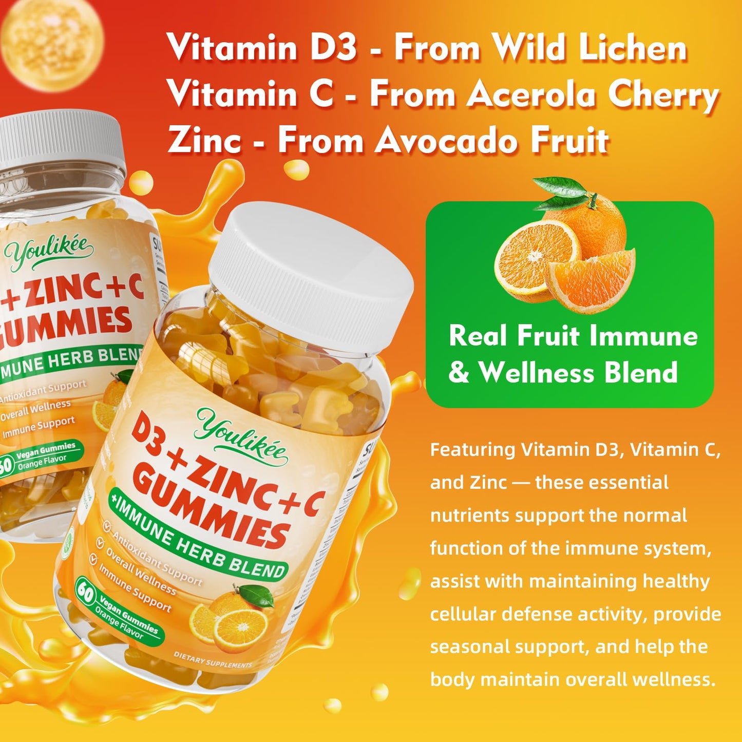 Youlikee Vitamin C + D3 + Zinc Gummies for Adults, 60 Count