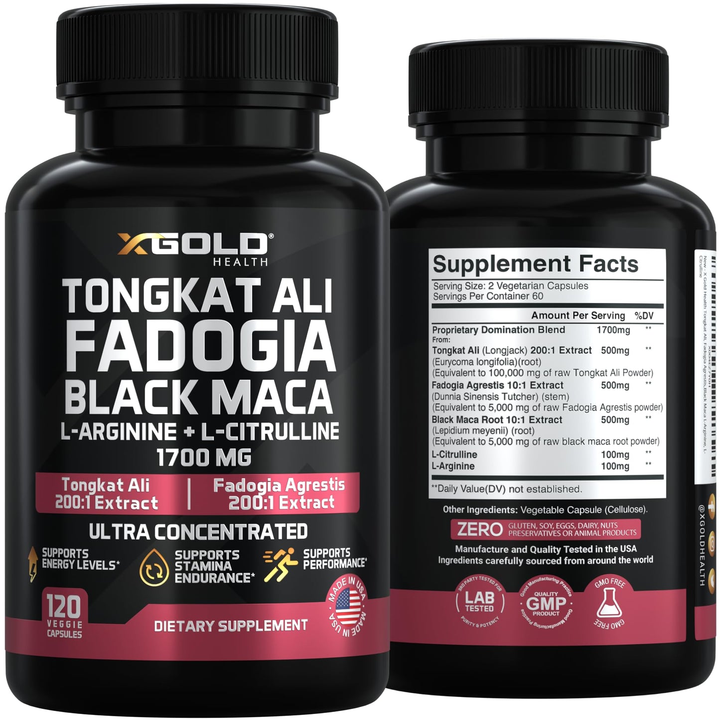 X Gold Health Tongkat Ali 200:1 + Fadogia Agrestis 10:1, 1700mg Performance Complex, Black Maca 10:1, L-Citrulline, L-Arginine, Energy, Stamina & Men's Vitality, Non-GMO, 120 Capsules
