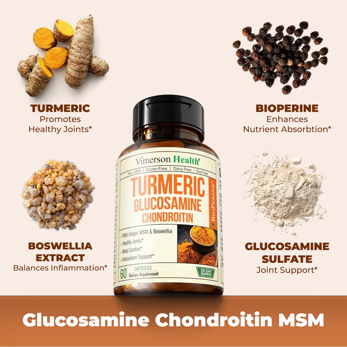 Vimerson Health Turmeric Supplement with Glucosamine Chondroitin, 60 Capsules