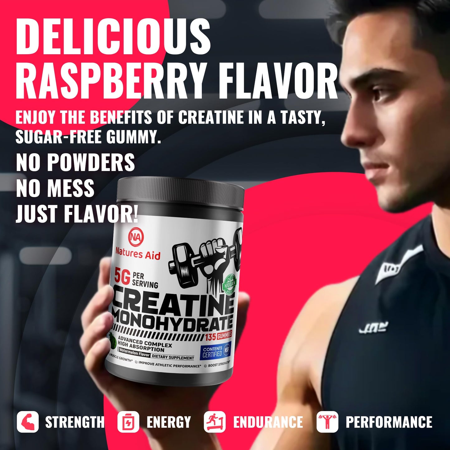 Natures Aid NSF Certified Creatine Monohydrate Gummies, 135 Count