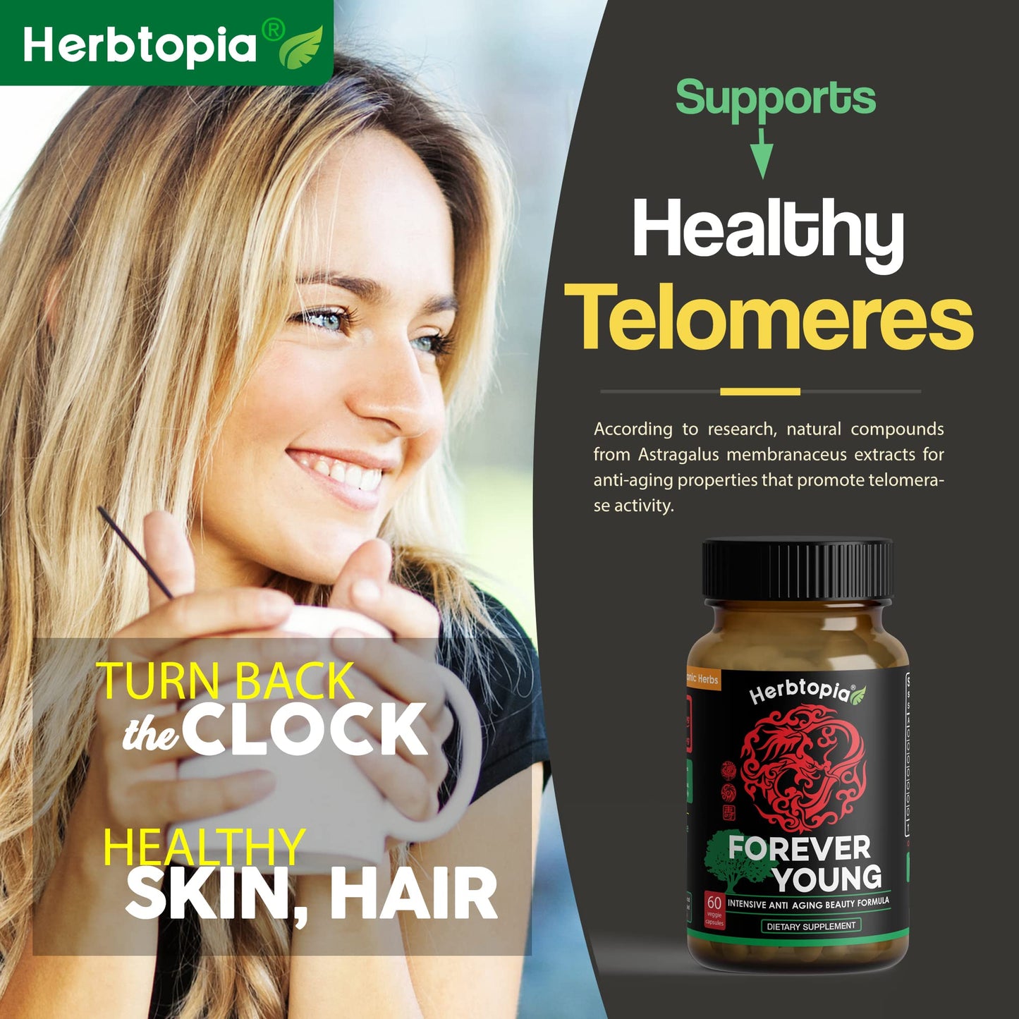Herbtopia Forever Young Anti Aging Adaptogen Supplement with Organic Red Ginseng, Astragalus, Reishi, Lion's Mane & Codonopsis — Supports Immune Function, Healthy Aging & Longevity, 60 Vegan Capsules