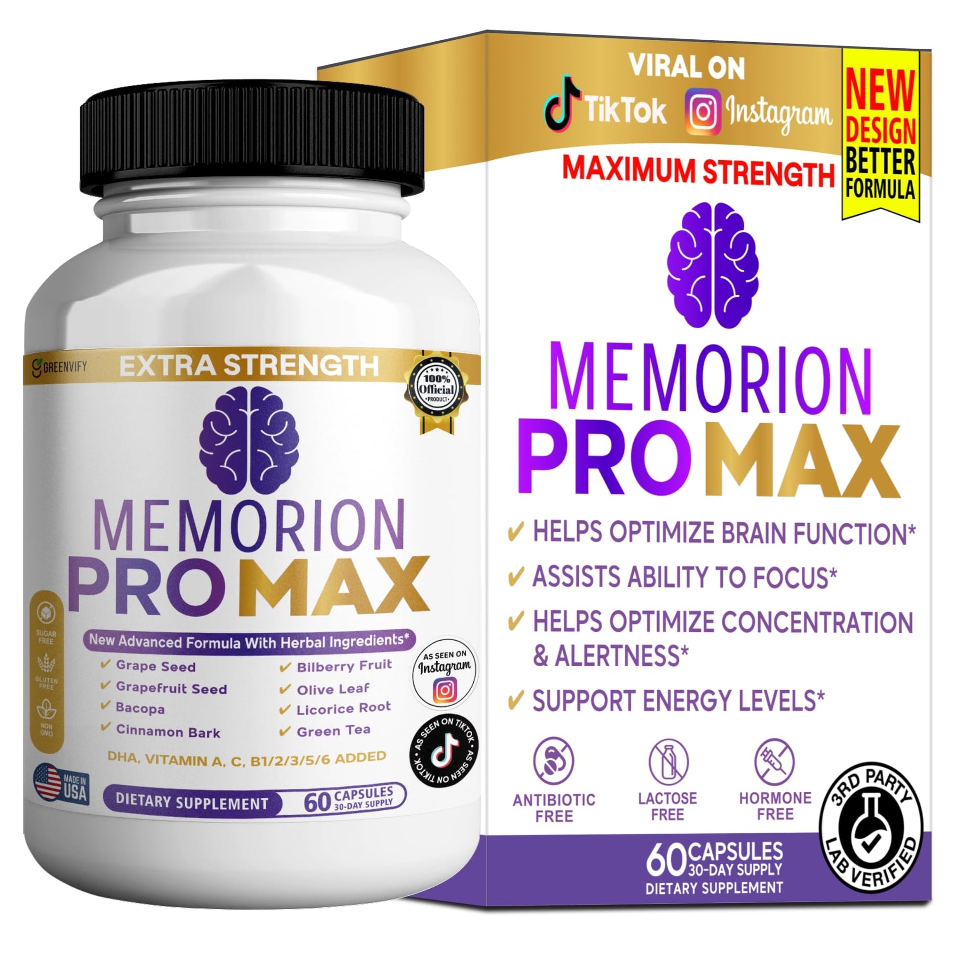 GREENVIFY Memorion Pro Max Extra Strength Brain Support Supplement, 60 Capsules