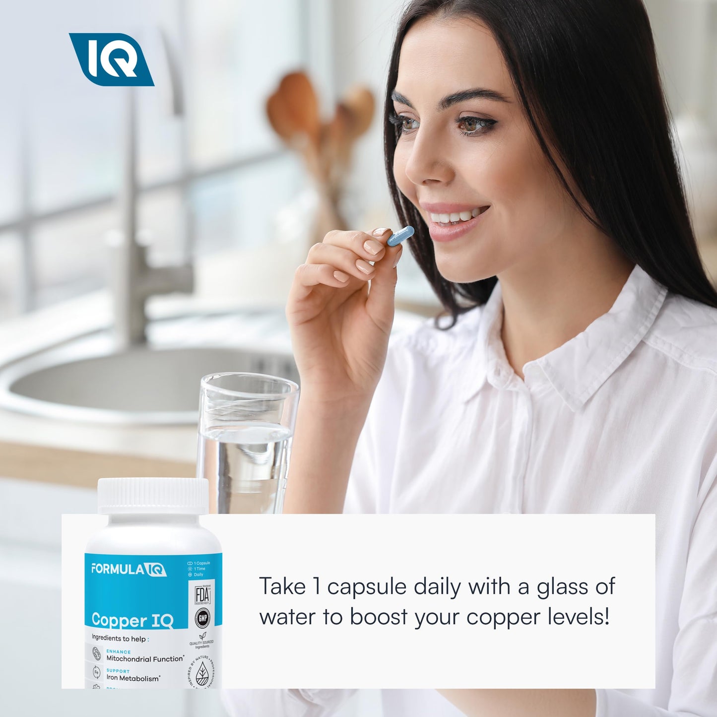 FIQ Copper IQ High Absorption Albion Bisglycinate Mineral for Energy Production & Iron Metabolism Support, Chelated Supplement, 60 Capsules