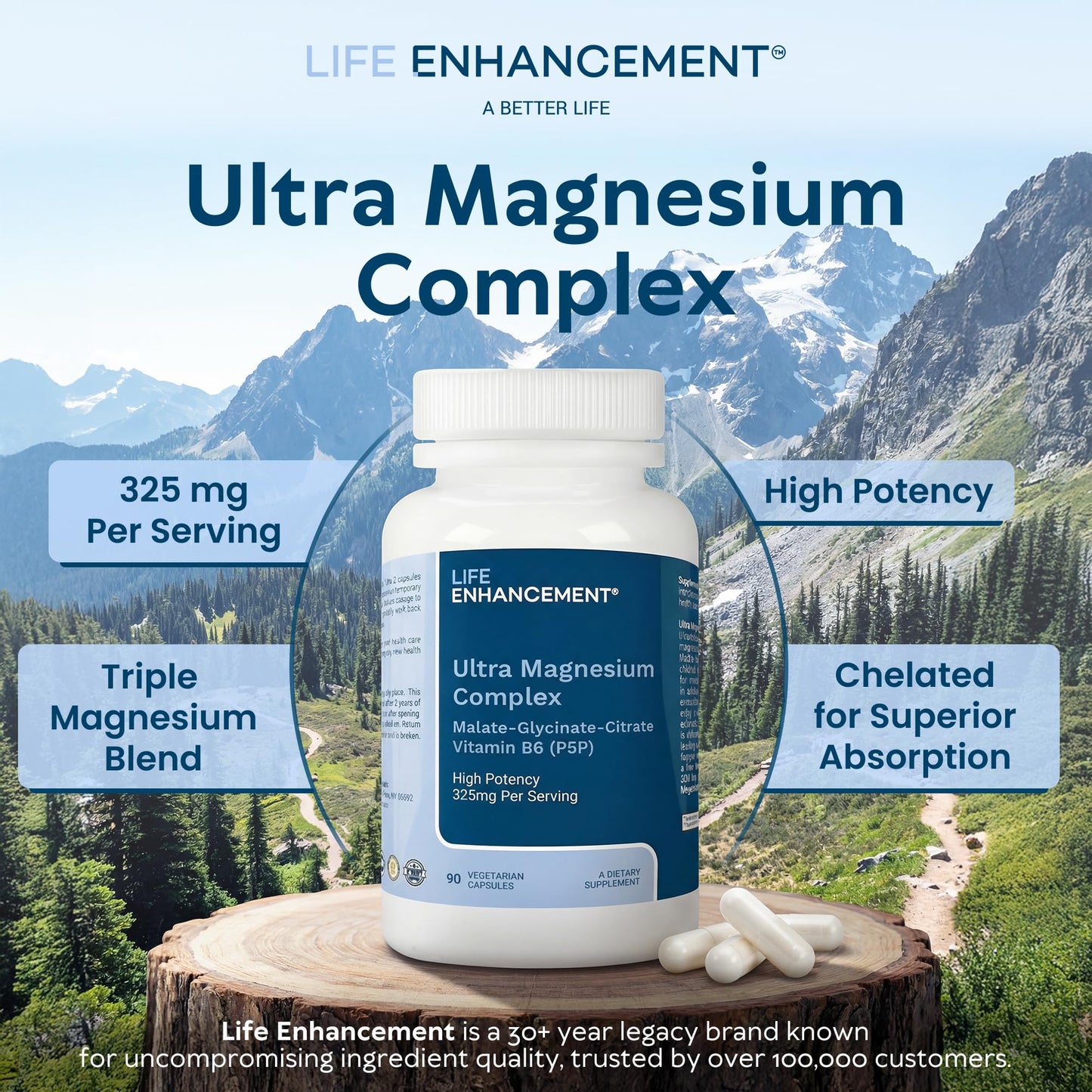 Life Enhancement Ultra Triple Magnesium Complex 325 mg with B6, Glycinate, Malate & Citrate Magnesium Supplement Made in USA, 90 Vegetarian Capsules