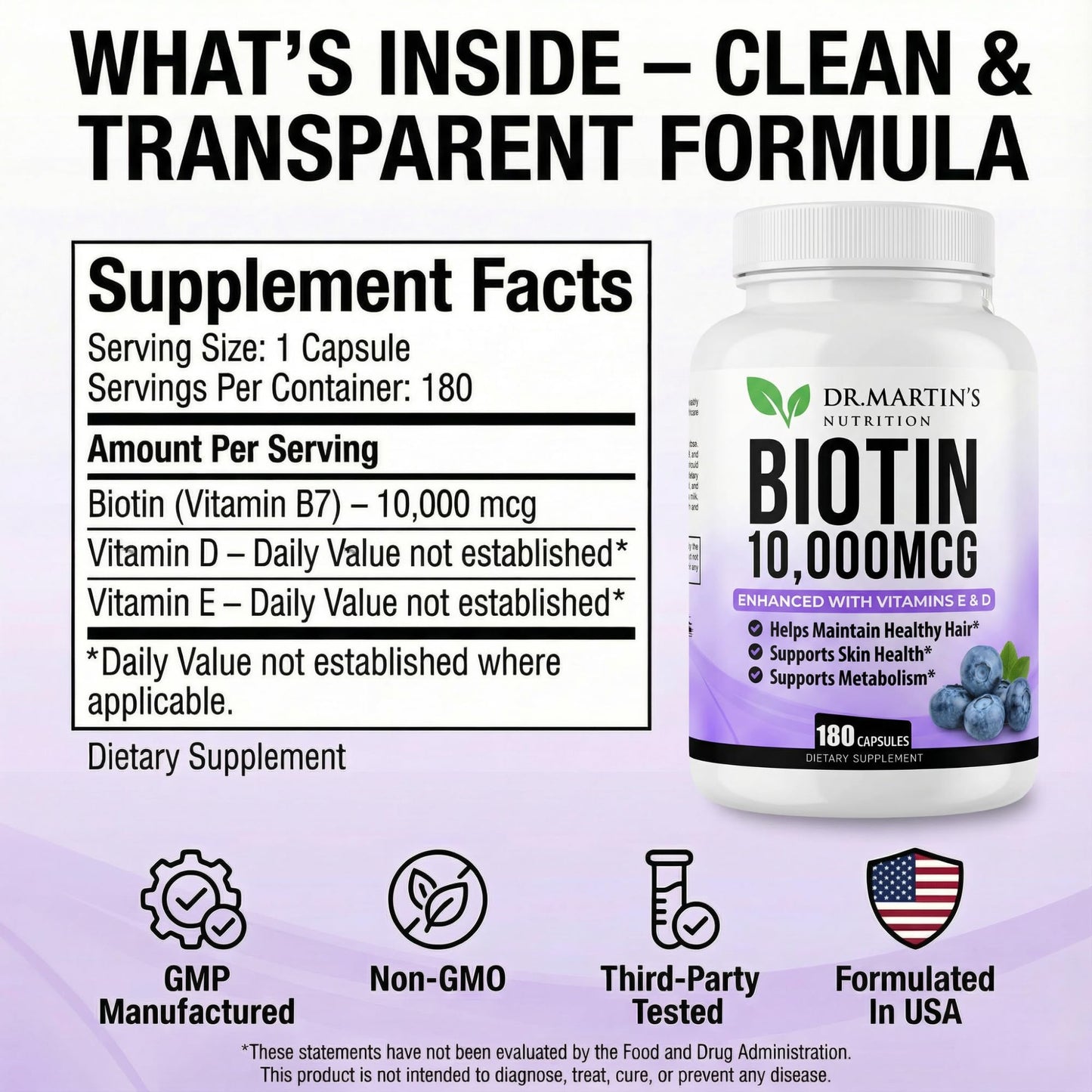 Dr. Martin's Nutrition Biotin 10000mcg Hair Skin & Nails Vitamins with Vitamin D3 & E, 180 Capsules