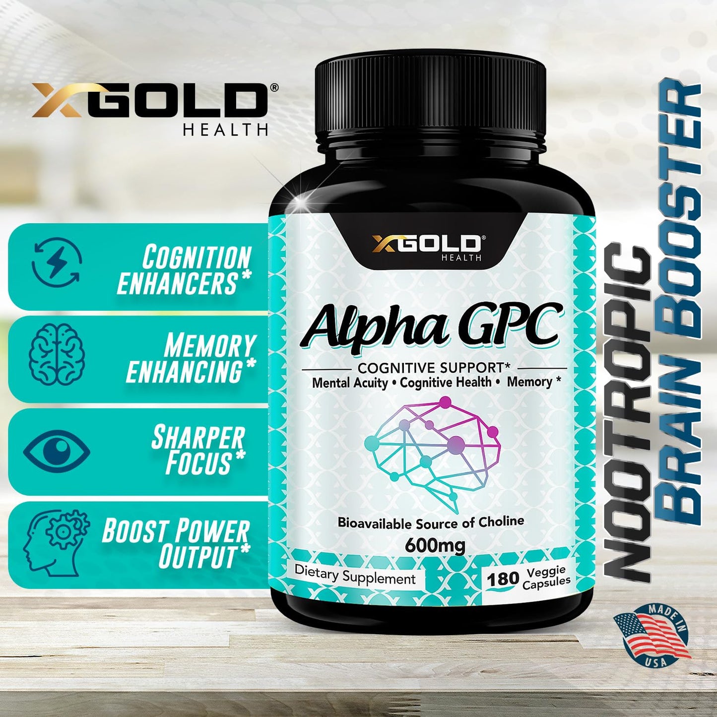 X Gold Health Alpha GPC Choline Supplement 600mg Capsules, 180 Count