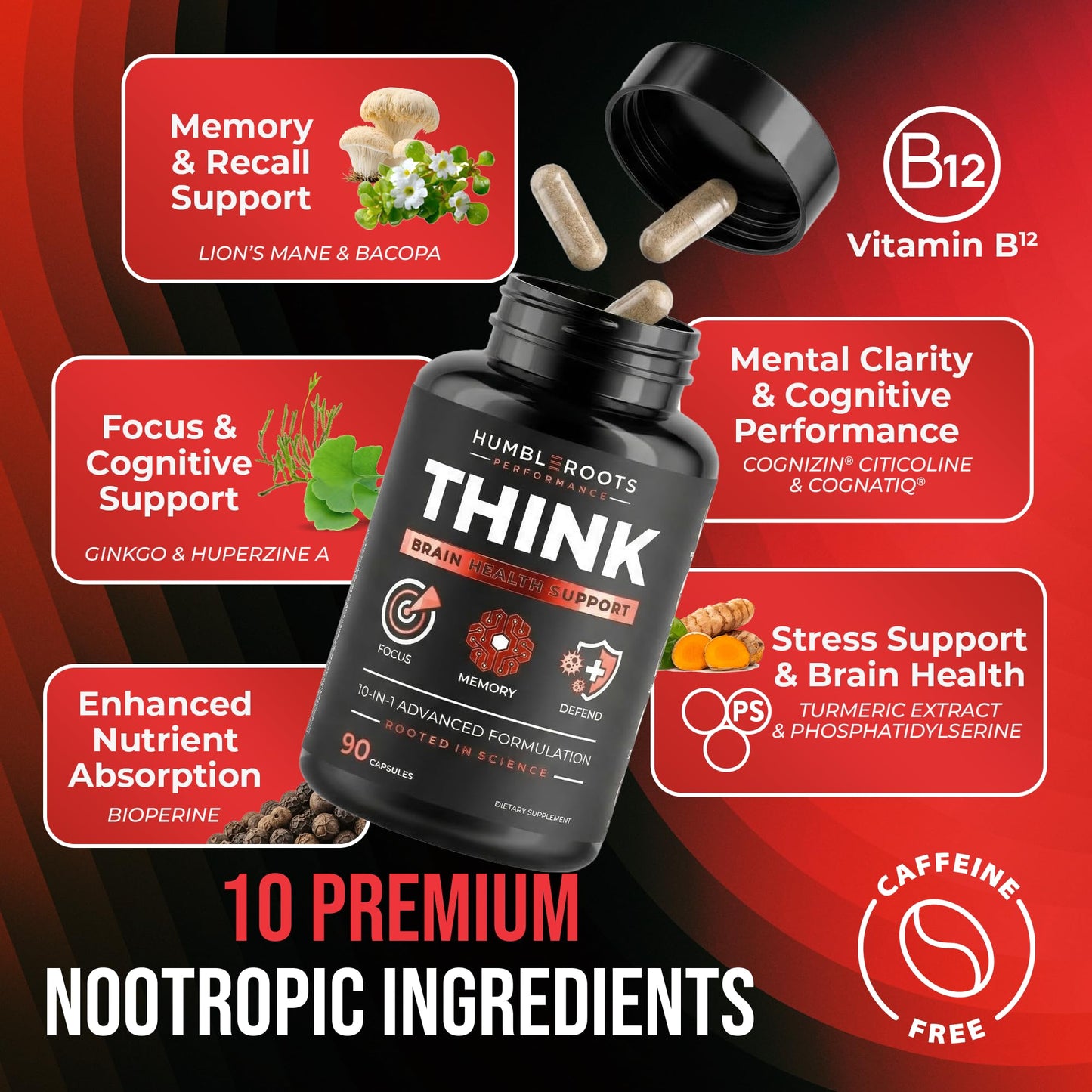 HUMBLEROOTS PERFORMANCE All-Natural Brain Supplement for Memory and Focus - Caffeine-Free Long-Term Cognitive Support - 10 Nootropic Ingredients Including Lion’s Mane, Bacopa, Turmeric, Ginkgo & Huperzine A, Capsules, 90 Count