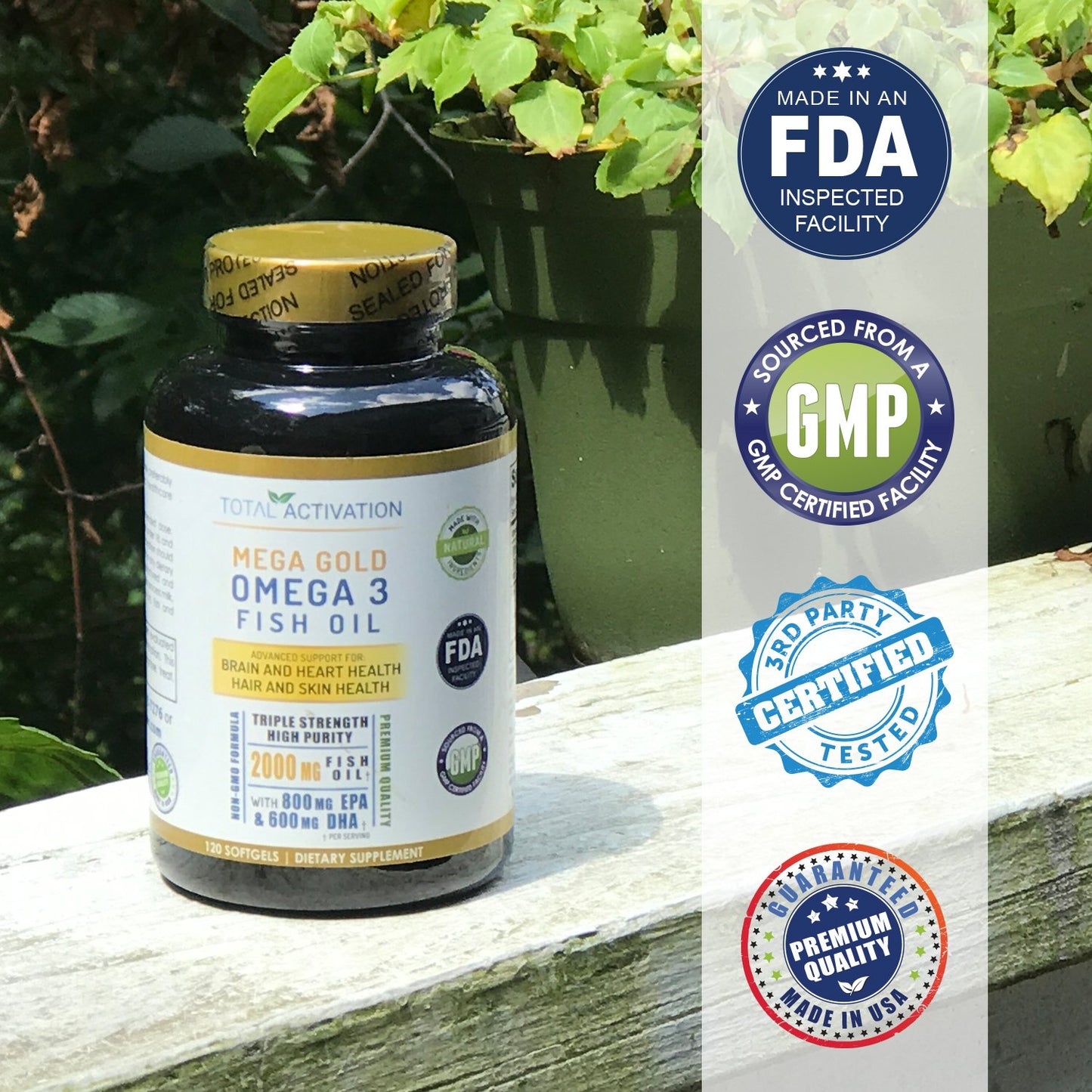 Total Activation Omega 3 Fish Oil Softgels, 2000mg with EPA/DHA & Vitamin E, Burpless Triple Strength, 120 Count