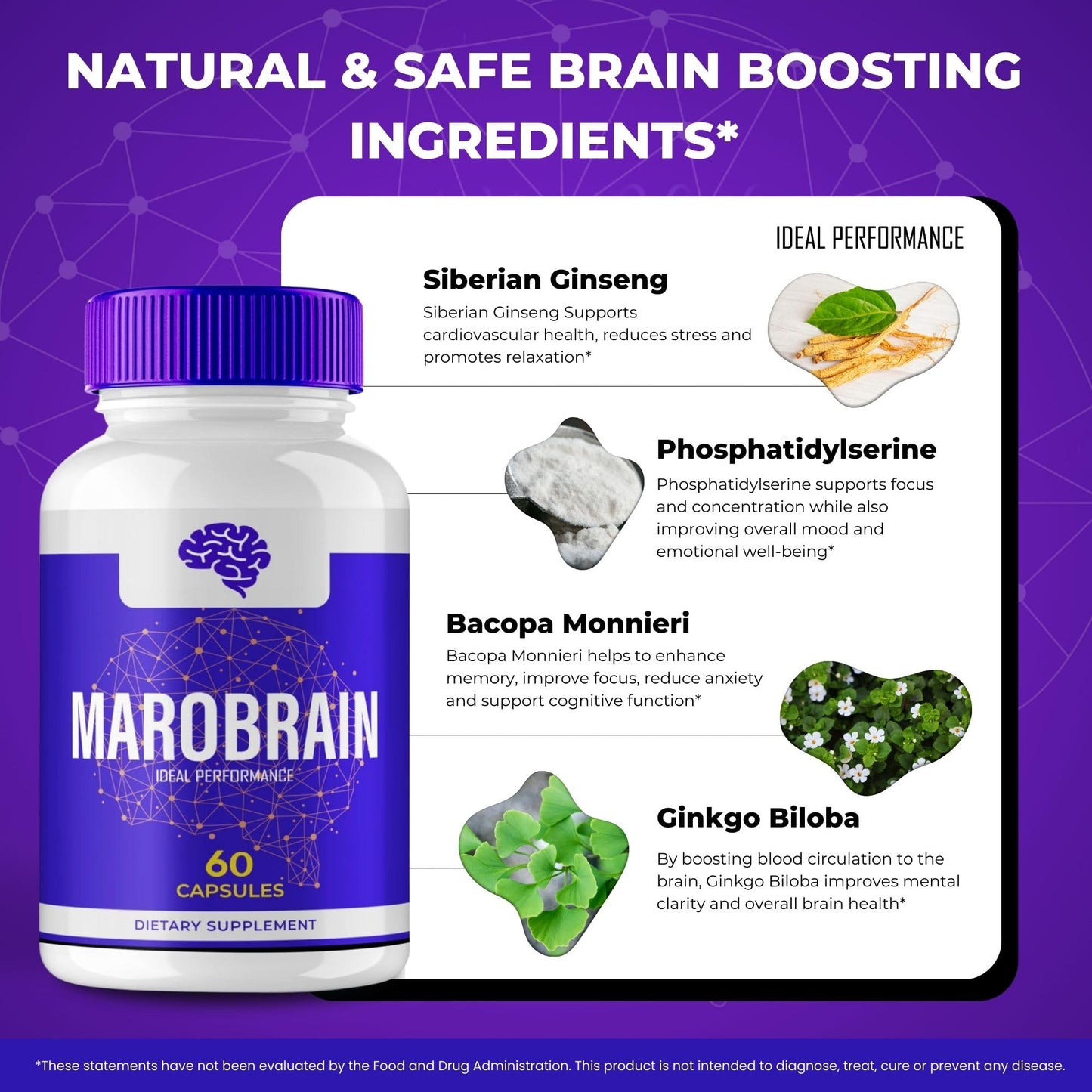 IDEAL PERFORMANCE Marobrain Plus, Brain Health & Memory Support, Maximum Strength, 300 Capsules
