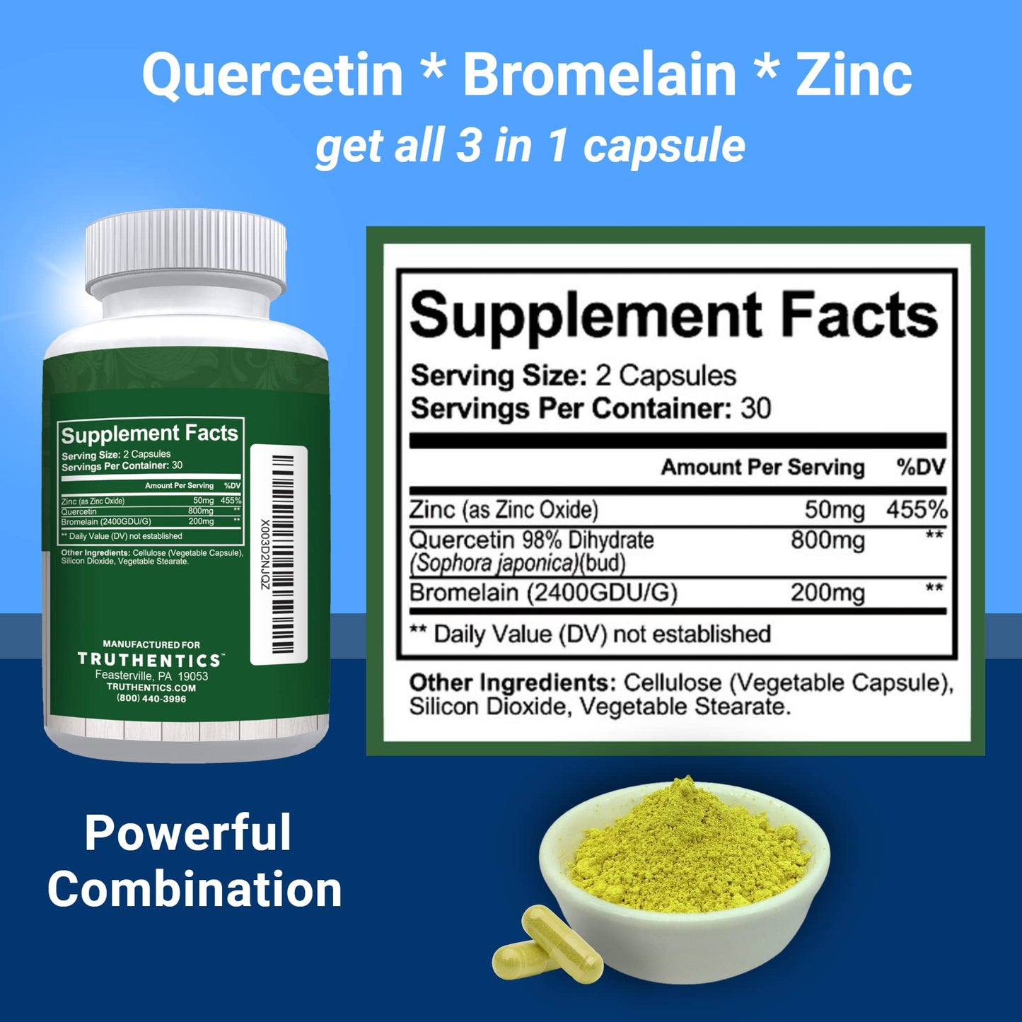 TRUTHENTICS Quercetin with Bromelain and Zinc 1050mg Capsules, 60 Count
