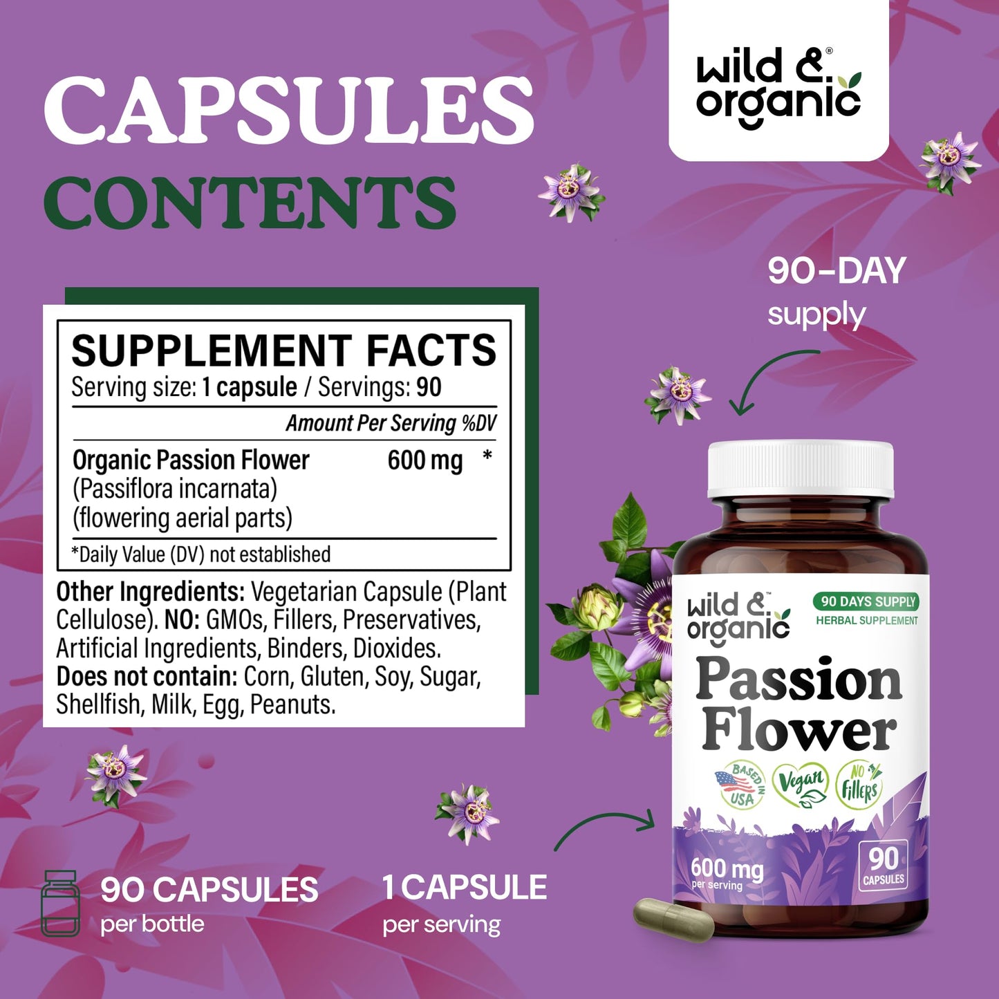 Wild & Organic Passion Flower Capsules 600 mg, 90 Count
