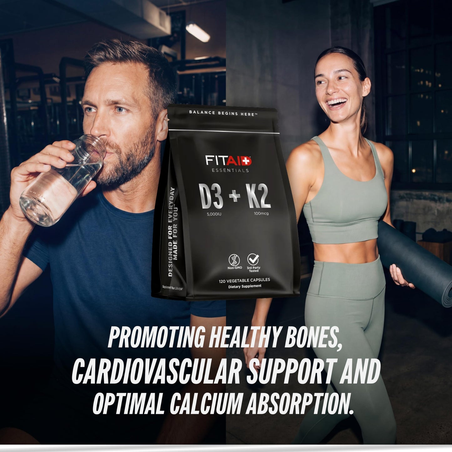LIFEAID FITAID Essentials Vitamin D3 K2 5000 IU Support Capsules, 60 Count