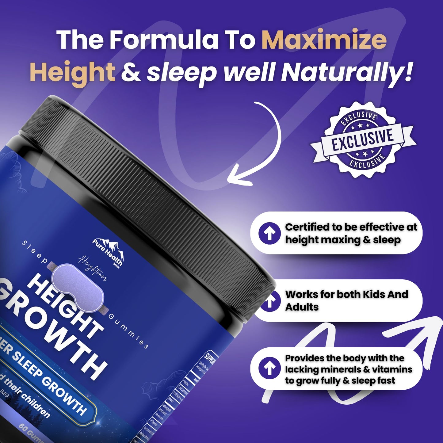 PURE HEALTH MAX Heightener Height Growth Sleep Gummies - Vitamins to Grow Taller for True Height Potential, Natural Height Booster Increase Supplement for Kids and Adults | Calcium & Melatonin Multivitamin, 60 Gummies