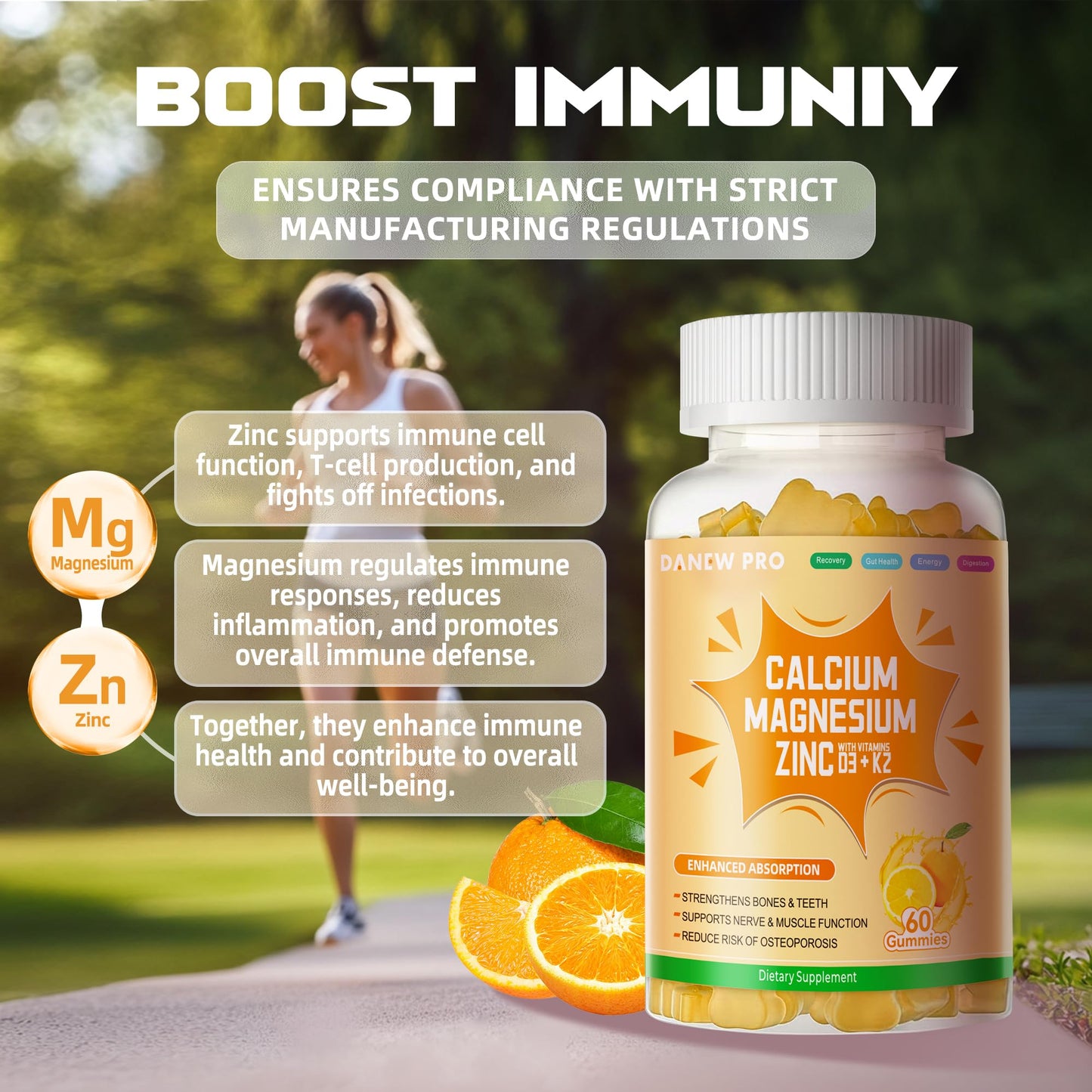 DANEW Pro Calcium Magnesium Zinc Gummies with Vitamin D3 & K2, High Potency Enhanced Absorption, 60 Gummies