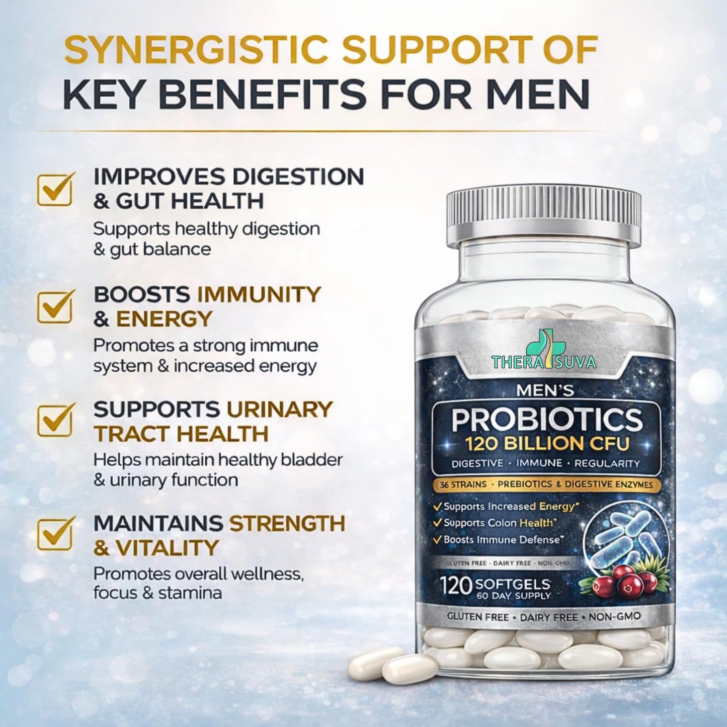 TheraSuva Men's Advanced Probiotics 120 Billion CFU - 36 Strains + Prebiotics, Enzymes & Veggie Blend for Gut, Immune & Colon Health, 120 Softgels