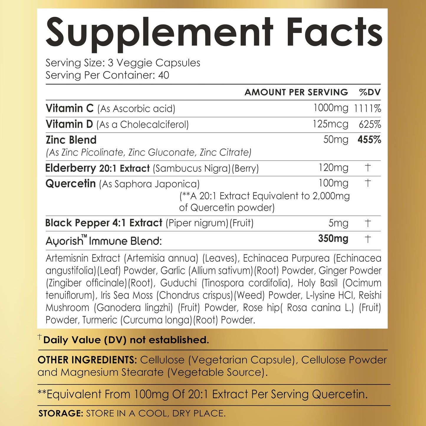 Ayorish Quercetin Zinc Vitamin C Vitamin D Bromelain Elderberry Capsule, 120 Count