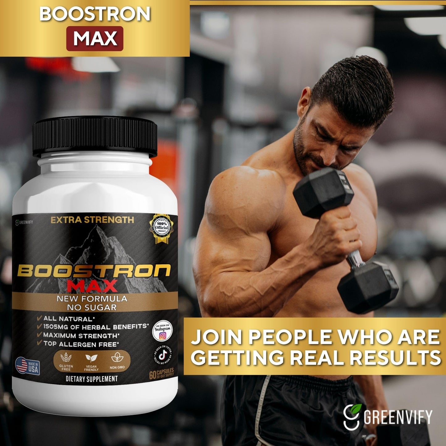 GREENVIFY Boostron Max Extra Strength Maca Root Complex, Organic Blend, 60 Capsules
